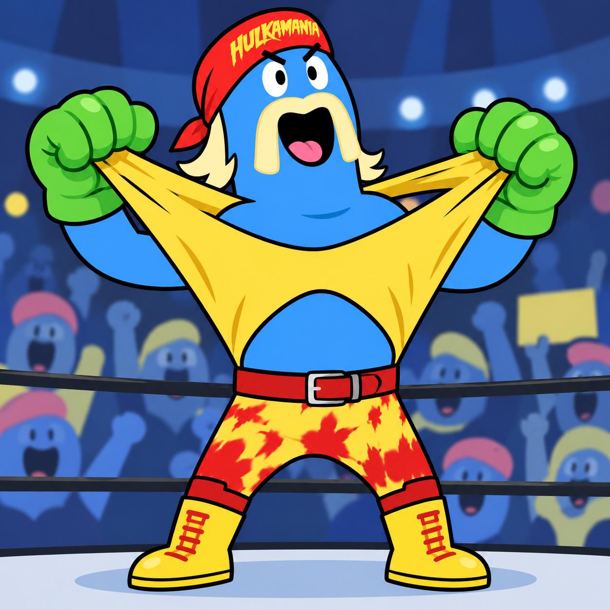 use the first image of hulk hogan as the basis for a new image by incorporating the animation style of the second image and turn hulk hogan into the blue character wearing green foam hulk gloves on his hands