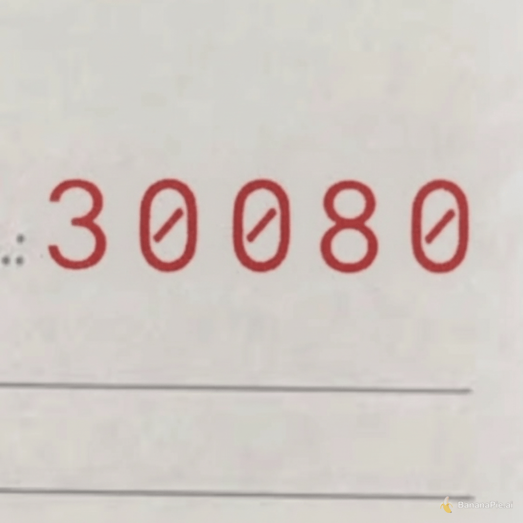Keep the photo exactly the same, but make the numbers say 30080 instead of, same colors, size and font please