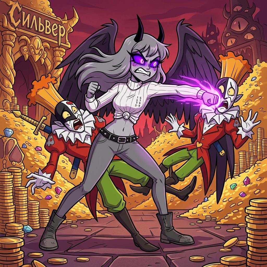 A full-body depiction of a young woman with gray skin, black horns, and feathered wings; she has purple eyes and wears a white knotted sweater that exposes her midriff, a black belt, tight gray trousers, and black flat boots. She looks angry, her eyes glowing purple, and she is beating up a terrified Piedmon, They in Ring of Greed. This art in **Hazbin hotel** style