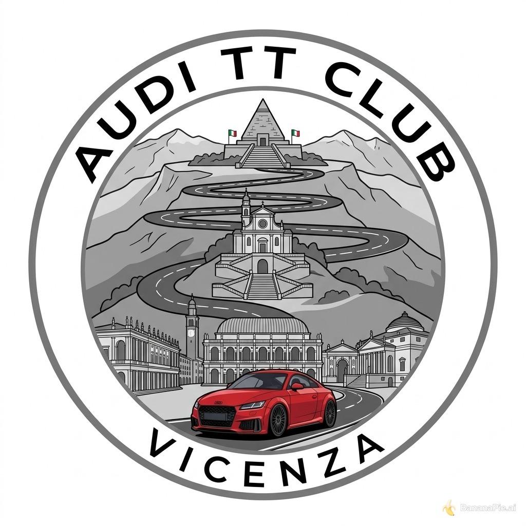 Ciao, vorrei un logo rotondo per il mio club di appassionati di Audi tt di Vicenza. Nel logo deve essere presente un’unica strada, con la mia tt sopra (stilizzata in immagine allegata, da riportare identica e non modificata) e, a partire da infondo alla strada e andando verso la tt (dal più alto di quota, al più basso), deve essere presente: in cima Asiago (una montagna sullo sfondo con l’ossario di Asiago e la sua scalinata frontale con le due bandiere dell’Italia, raggiunta dal costo di asiago con i suoi tornanti), a metà altezza monte berico con la basilica e le scalette (una collina con la salita, la chiesa e la scalinata frontale+le scalette di monte berico) e, al livello più basso, uno spiazzo con basilica Palladiana e qualche palazzo storico del centro: palazzo chiericati, teatro olimpico, villa capra la rotonda (per dare un’idea del centro di Vicenza). L’idea è quella di creare un logo stilizzato (versione cartoon) con la macchina sulla strada e tutti questi riferimenti dietro di lei nel proseguo di questa strada. Mi piacerebbe che fosse tutto in scala di grigi, salvo la macchina (lasciala identica a com’è, rossa) e che ci fosse la scritta “Audi TT Club” sopra e “Vicenza” sotto. L’idea del gruppo è quella di radunare appassionati del modello per fare dei giri nelle strade della provincia, quindi consideralo un po’ il messaggio che deve trasmettere il logo. Ti chiedo di usare un font minimale (ispirato a quello delle scritte Audi) e di creare un logo elegante, ma al contempo sportivo (non voglio che sia cringe), un po’ come dovrebbe essere un proprietario di una tt.
Mi raccomando, tutti i monumenti che andiamo a mettere devono essere stilizzati allo stesso modo (stesso stile) e fedelissimi agli originali.