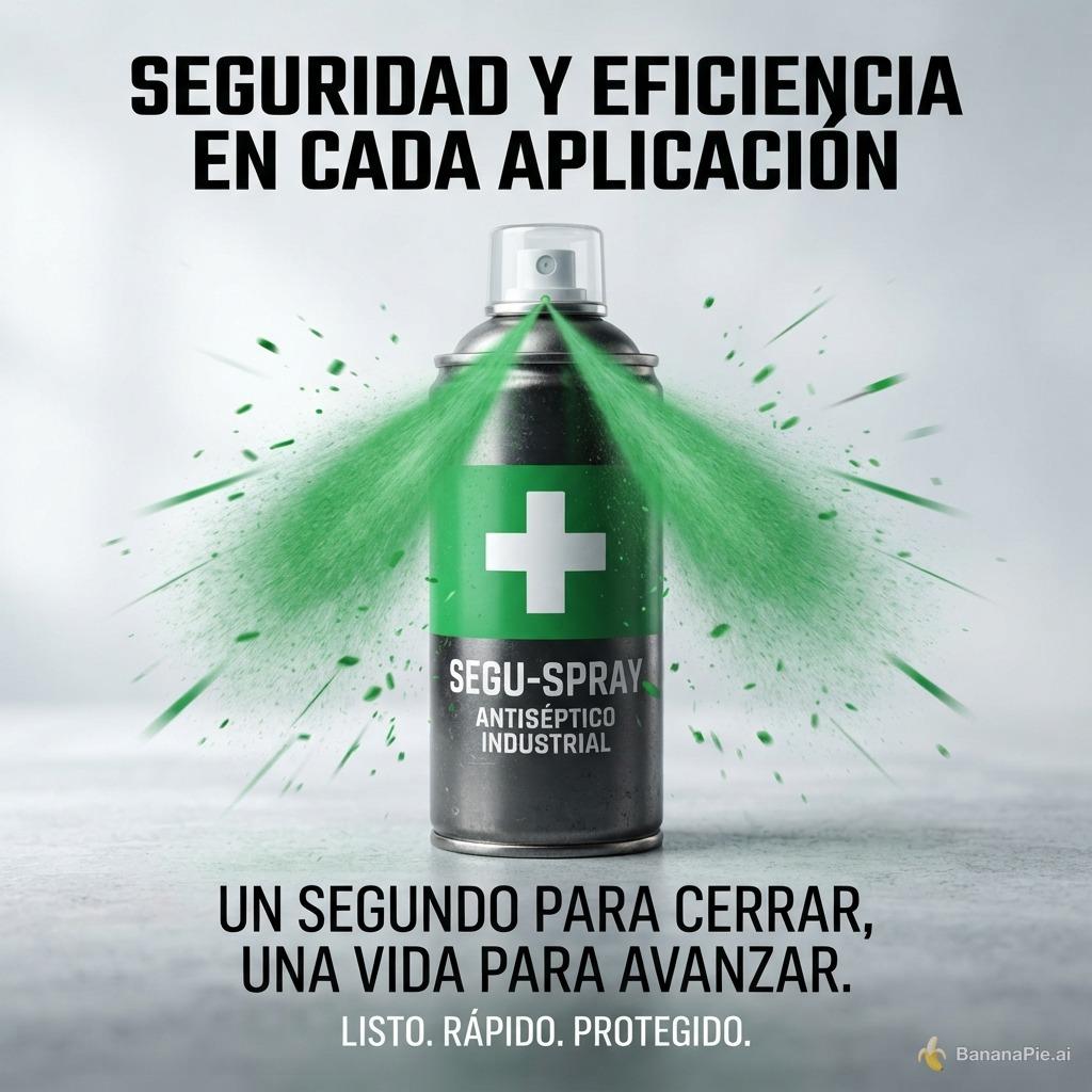 ANUNCIO PUBLICITARIO (Texto y Composición)
TÍTULO (grande, arriba):
SEGURIDAD Y EFICIENCIA EN CADA APLICACIÓN
VISUAL PRINCIPAL (centro):
Un bote de metal de color oscuro (o metalizado).
En el frente: etiqueta verde con una cruz blanca centrada.
Arriba: spray/boquilla clara.
Encima del spray: tapa de plástico.
A la altura de salida: chorro de spray verde hacia adelante (estilo “niebla” o “abanico” de rociado).
ACENTO VISUAL (derecha o alrededor del bote):
Pequeñas líneas de movimiento o partículas verdes para reforzar la idea de “actividad” y “avance”.
CALCOMANÍA / MENSAJE (parte inferior, grande):
un segundo para cerrar, una vida para avanzar
LLAMADO A LA ACCIÓN (abajo, en menor tamaño):
Listo. Rápido. Protegido.
Versión corta del texto (por si lo quieres en etiqueta o banner)
un segundo para cerrar, una vida para avanzar
Estilo sugerido
Colores: Verde intenso (spray + etiqueta) / Blanco (cruz + texto) / Metal gris (cuerpo).
Tipografía: estilo “industrial/seguridad” (negrita, alta legibilidad).
Fondo: claro (blanco o gris suave) para que el verde destaque.