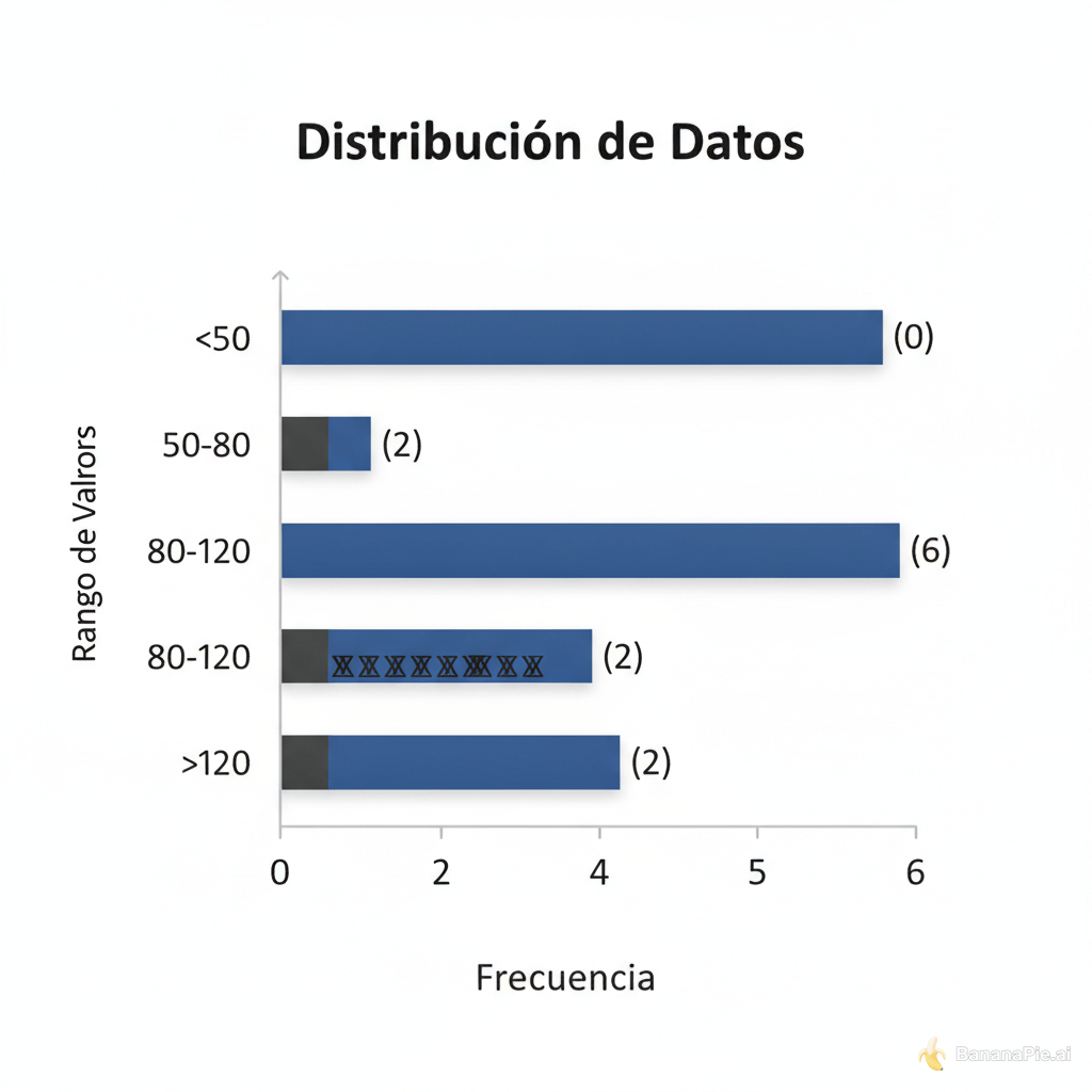 Gráfico (ASCII):
<50 : (0)
50-80: ██ (2)
80-120: ██████ (6)
>120 : ██ (2)
genaras una imagen en un grafico de barras