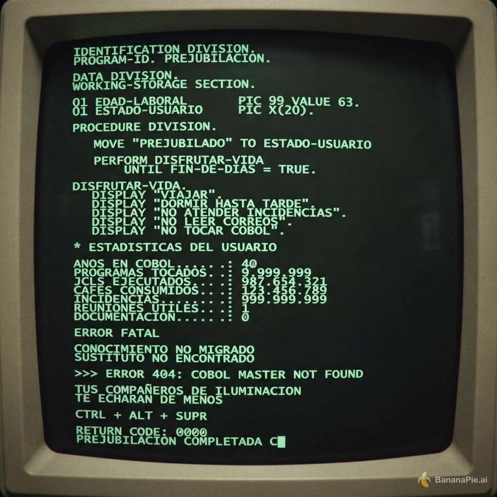 tengo un compañero de informatica que es el jefe de programacion en cobol que se prejubila con 63 años.
me gustaria que generes un video corto de 20-30 segundos, donde se simule escribir codigo en un terminal unix con tipo de letra habitual de terminal y en color verde tipo fosforo verde y donde se simule el sonido de teclear y pitidos tipicos de equipos informaticos antiguos y que contenga aproximadamente el codigo que te pego a continuacion . Si pudieras tambien enmarcar ese video como si estuvieramos viendo un viejo monitor, mejor.
IDENTIFICATION DIVISION.
PROGRAM-ID. PREJUBILACION.
DATA DIVISION.
WORKING-STORAGE SECTION.
01 EDAD-LABORAL PIC 99 VALUE 63.
01 ESTADO-USUARIO PIC X(20).
PROCEDURE DIVISION.
MOVE "PREJUBILADO" TO ESTADO-USUARIO
PERFORM DISFRUTAR-VIDA
UNTIL FIN-DE-DIAS = TRUE.
DISFRUTAR-VIDA.
DISPLAY "VIAJAR".
DISPLAY "DORMIR HASTA TARDE".
DISPLAY "NO ATENDER INCIDENCIAS".
DISPLAY "NO LEER CORREOS".
DISPLAY "NO TOCAR COBOL".
▋
* ESTADISTICAS DEL USUARIO
ANOS EN COBOL.......: 40
PROGRAMAS TOCADOS...: 9.999.999
JCLS EJECUTADOS.....: 987.654.321
CAFES CONSUMIDOS....: 123.456.789
INCIDENCIAS.........: 999.999.999
REUNIONES UTILES....: 1
DOCUMENTACION.......: 0
ERROR FATAL
CONOCIMIENTO NO MIGRADO
SUSTITUTO NO ENCONTRADO
>>> ERROR 404: COBOL MASTER NOT FOUND
TUS COMPAÑEROS DE ILUMINACION
TE ECHARAN DE MENOS
CTRL + ALT + SUPR
RETURN CODE: 0000
PREJUBILACION COMPLETADA C