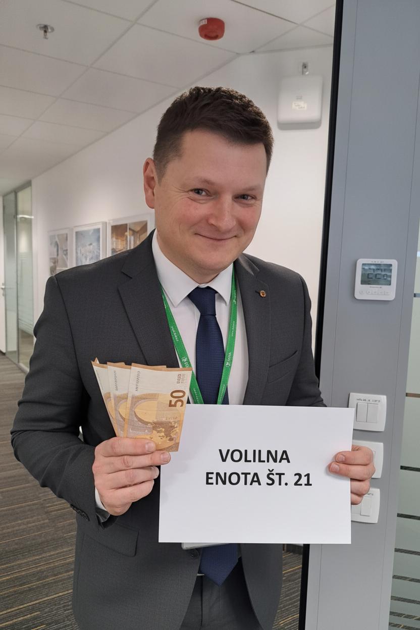 Na sliki je kandidat za člana sveta delavcev za volilno enoto št. 21. Mi prilagodiš sliko, da bo imel obleko s kravato in v roki list, kjer piše volilna enota št. 21