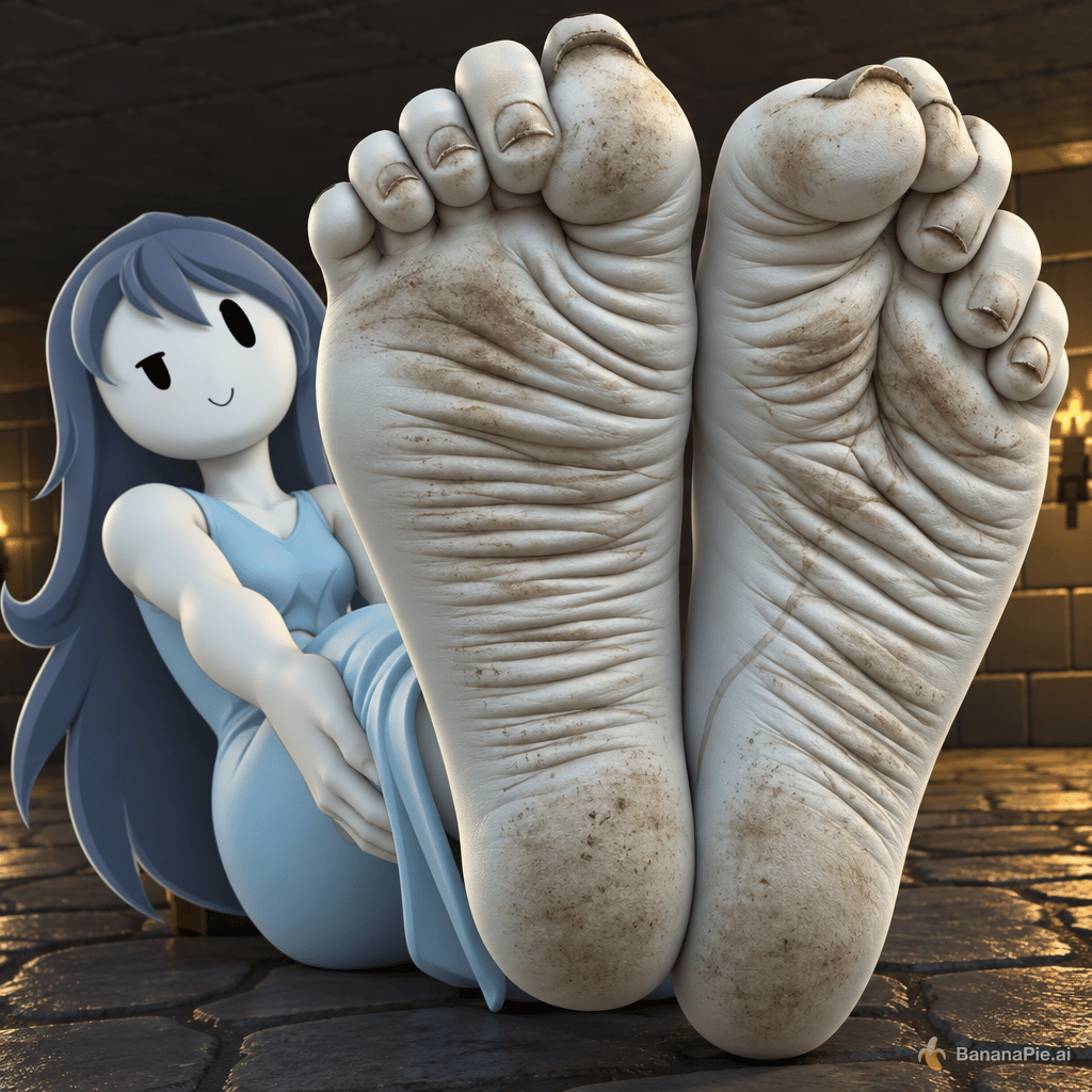 Transform this illustration into a 3D render made in Blender, and editing the character's feet shown on-screen with deep wrinkly detail with subtle dirt stain across the soles.
Avoid any pinkish skin colour or fungus.
The character's appearance is still reminiscent of 2D, especially her face.
Another difference in her appearance is modifying the size/scale of her feet, making them abnormally gigantic and longer in shape. And hygiene dirt is seen underneath the tips of her toenails.