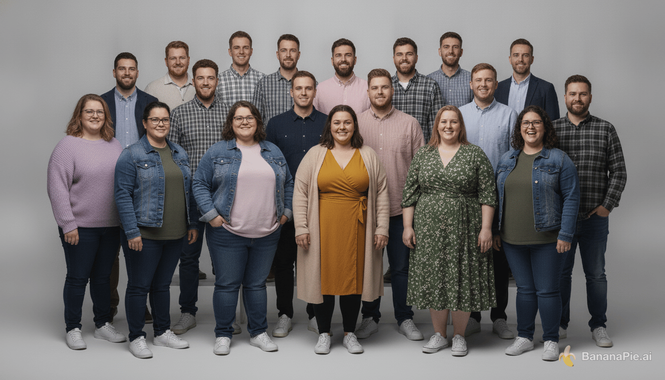 Make this picture a professional studio group portrait reduced to 20 adults standing in three staggered rows on a seamless light-grey background: 7 in the back row, 5 in the middle row, 8 in the front row. Even split of women and men, ages 20 to 65, clearly diverse in ethnicity (Nordic, Black, Latino, South Asian, mixed heritage, East Asian) and hair color, a few with glasses or beards, two with grey hair. Every person has a very large body with significant obesity: full faces with soft jawlines, thick necks, broad shoulders, wide torsos, large arms and hips, with clothing fitting snugly across the body. Body sizes vary realistically from person to person, but everyone is clearly heavy, none average or slim. Casual smart clothing in muted autumn tones: lilac knit sweater, mustard wrap dress, forest-green floral dress, denim jacket, beige trench, pink button-up, plaid shirt, cardigans, dark jeans, white sneakers. Poses are natural: some with hands in pockets, some with arms by their sides, some standing close with shoulders touching. About 16 look at the camera with warm, relaxed smiles; 4 look slightly off-camera or at each other, laughing. Full bodies visible head to toe in the front row. Soft diffused studio lighting, photorealistic, sharp focus, 85mm lens, wide 3:2 composition, dignified and warm, commercial editorial photography style. Note that the objective is for the group as a whole to loose a metric ton of weight. This means that every single body must carrie a minimum of 50 kilos overweight.