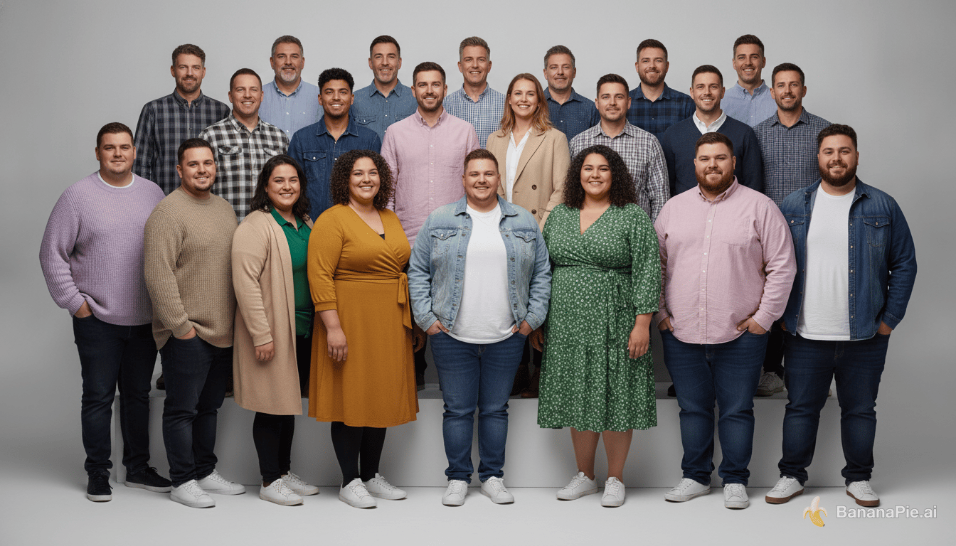 PLEASE READ AND EXECUTE ACCORDING TO PROPT. Make this picture a professional studio group portrait reduced to 20 adults standing in three staggered rows on a seamless light-grey background: 7 in the back row, 5 in the middle row, 8 in the front row. Even split of women and men, ages 20 to 65, clearly diverse in ethnicity (Nordic, Black, Latino, South Asian, mixed heritage, East Asian) and hair color, a few with glasses or beards, two with grey hair. Every person has a very large body with significant obesity: full faces with soft jawlines, thick necks, broad shoulders, wide torsos, large arms and hips, with clothing fitting snugly across the body. Body sizes vary realistically from person to person, but everyone is clearly heavy, none average or slim. Casual smart clothing in muted autumn tones: lilac knit sweater, mustard wrap dress, forest-green floral dress, denim jacket, beige trench, pink button-up, plaid shirt, cardigans, dark jeans, white sneakers. Poses are natural: some with hands in pockets, some with arms by their sides, some standing close with shoulders touching. About 16 look at the camera with warm, relaxed smiles; 4 look slightly off-camera or at each other, laughing. Full bodies visible head to toe in the front row. Soft diffused studio lighting, photorealistic, sharp focus, 85mm lens, wide 3:2 composition, dignified and warm, commercial editorial photography style. Note that the objective is for the group as a whole to loose a metric ton of weight. This means that every single body must carrie a minimum of 50 kilos overweight.