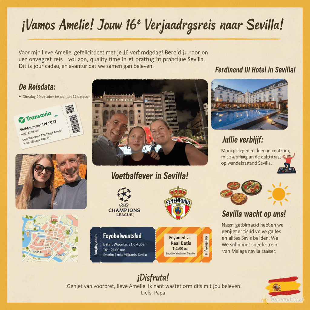 ik wil een one-pager maken voor mijn dochter Amelie Liber met daarin informatie over een reisje wat ik samen met haar ga maken (een cadeau voor haar 16e verjaardag). We gaan een champions league wedstrijd zien van het door haar geliefde Feyenoord tegen Real Betis. De 2 tickets voor deze wedstrijd in Sevilla, de vluchten (Transavia vlucht HV 5023 Rotterdam - Malaga), we gaan dinsdag t/m donderdag en de champions league wedstrijd is op woensdagavond om 21u, dus we hebben lekker tijd samen om van Sevilla te genieten. We slapen in het Ferdinand III hotel in Sevilla, mooi gelegen midden in het centrum, met zwembad op het dakterras en op wandelafstand van het voetbalstadion. We zullen met de snelle trein van Malaga naar Sevilla reizen. Maak gebruik van een zonnige opzet, de logo's van Feyenoord en de champions league kaartjes, vliegtickets Transavia, leuk image van het hotel, stadskaartje en Spaanse elementen (zon, tapas, ligbedje en dj op dakterras). Onze reisdata zijn 20 t/m 22 oktober. Doe er een Spaanse vlag bij. Voeg ook de foto bij van Karin, Amelie en ikzelf van vorig jaar in Valencia en wellicht ook de bijgevoegde foto van Amelie met zonnebril
