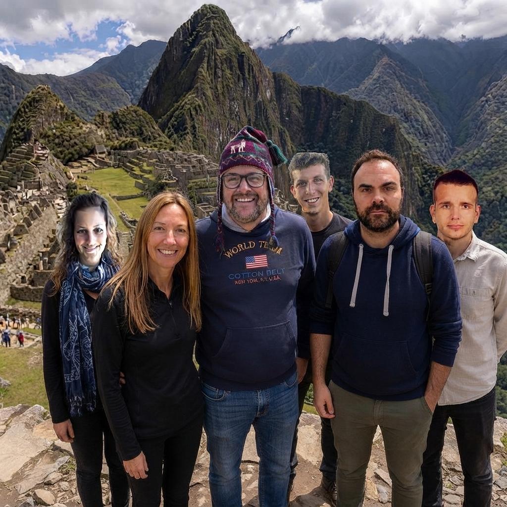 Image 1 is the base photo: three people standing at Machu Picchu. Image 2 onward are reference photos of the additional people to add to Image 1.

Task: Add the people from the reference photos into Image 1 so they appear to be standing together with the three existing people, as if everyone was photographed at the same moment.

Strict rules:
- Do not change anything in Image 1 except the minimum needed to place the new people. The three existing people, their faces, clothing, poses, the Machu Picchu background, the sky, and the framing must stay exactly as they are.
- Preserve the exact facial identity of each added person from their reference photo: face shape, eyes, nose, mouth, skin tone, hairstyle, hair color, facial hair, and age. Do not beautify, smooth, de-age, slim, or alter their features in any way.
- Keep each added person's clothing, hair and body type as shown in their reference photo, unless the reference only shows the face, in which case use neutral clothing suitable for a sunny day at Machu Picchu. Do not add accessories, logos, text, or other details that are not in the references.
- Do not invent or add any new elements: no extra people, no new objects, no changes to the landscape, weather, or ruins.
- Match the lighting of Image 1 exactly: same sun direction, color temperature, brightness, and shadow direction and softness. Add natural contact shadows on the ground under each added person.
- Match the scale and perspective of Image 1: the added people must be proportionally sized to the existing people for their distance from the camera, standing on the same ground plane, with feet on the ground and no floating.
- Match the camera characteristics of Image 1: same resolution, sharpness, grain, depth of field, color grading, and lens look, so there is no visible difference between the original and added people.
- Place the new people naturally beside or between the existing people without overlapping or hiding their faces. Use relaxed, natural poses that fit a group photo.
- Photorealistic result only. No stylization, no painterly or CGI look.

Output: a single photorealistic group photo at the same aspect ratio and resolution as Image 1.