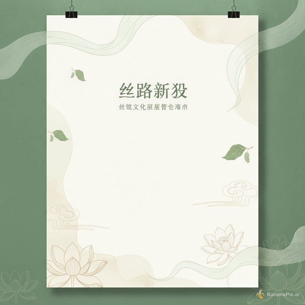 极简国风丝路文化海报，线条插画风格，柔和淡水彩质感，主色调为米白、茶绿、暖米色。画面有轻盈飘动的丝绸飘带、桑叶、简约莲花纹样，淡淡的敦煌云纹元素，大量留白，干净高级的版式，柔和朦胧光影，诗意安静氛围。画面排版包含标题「丝路新叙」，副标题「丝绸文化展览概念海报」，雅致中文宋体，文字层级清晰。 --ar 3:4 --style raw