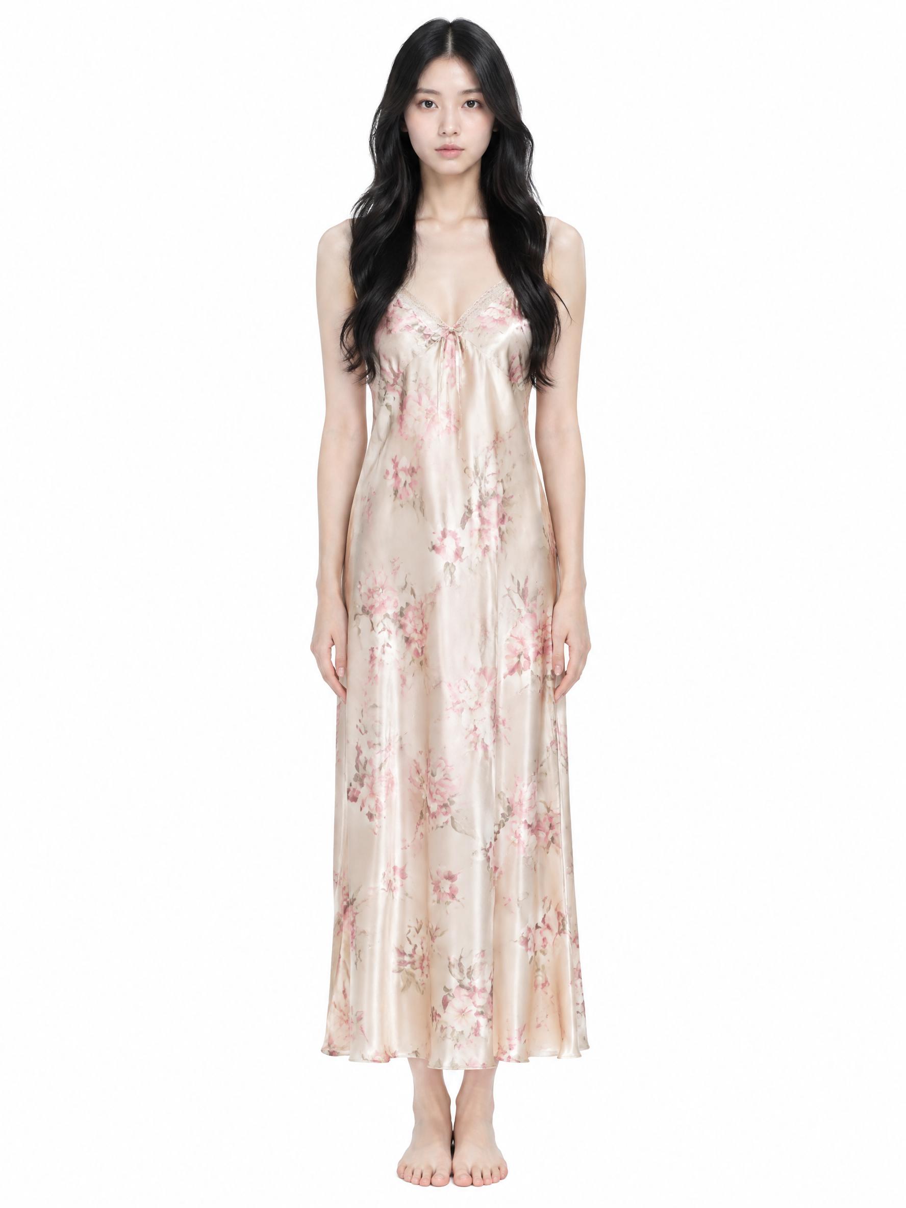 (Positive Prompt)
(masterpiece, best quality, ultra-realistic:1.2), 1girl, East Asian, young woman, long black wavy hair, parted hair, delicate facial features, fair skin, almond eyes, slim body, wearing beige silk nightgown with pink floral pattern, loose fit, neutral expression, blank expression, emotionless, looking straight at viewer, standing straight, A-pose, front view, full body, pure white background, flat studio lighting, no shadow, evenly lit, photorealistic, raw photo, 8k uhd, ultra-detailed, character reference sheet, DSLR, --ar 3:4 --v 6.0 --style raw
(Negative Prompt)
(shadows, harsh lighting, dynamic lighting, dark background, colorful background, detailed background, expression, smile, sad, angry, open mouth, tilted head, asymmetrical, bad anatomy, deformed, blurry, low resolution, plastic skin, 3d render, cartoon, illustration:1.2)