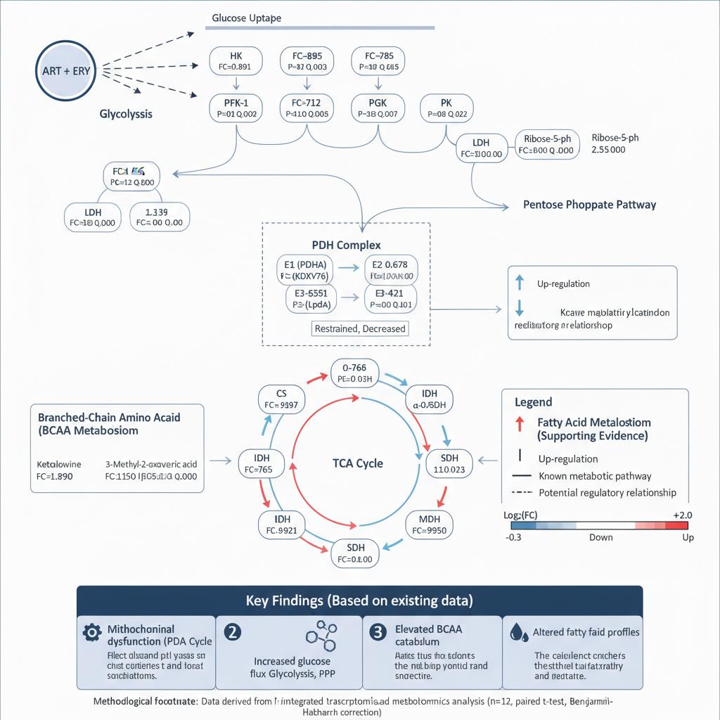 A high-resolution, professional scientific molecular mechanism pathway diagram for an academic publication, strictly rendered in a clean, modern vector illustration style using Times New Roman font throughout. The entire diagram uses full English text and precise standard academic abbreviations. The layout is optimized to match the complex interconnections of the provided source image.
### Overall Structure:
- The top-left corner features the drug treatment icon labeled "ART + ERY" with multi-directional regulatory arrows (solid and dashed) pointing to key metabolic pathways.
- The top section depicts "Glucose Uptake" on a cellular membrane, initiating the "Glycolysis" flow through standardized nodes like HK (Hexokinase), PFK-1 (Phosphofructokinase-1), PGK (Phosphoglycerate kinase), PK (Pyruvate kinase), leading to "Pyruvate" and branching to the "Pentose Phosphate Pathway" (marked G6PD and Ribose-5-ph) and "Lactate" (with LDH).
- The central feature is a detailed, dash-outlined "PDH Complex" box with E1 (PDHA), E2 (KDXV76), and E3 (LpdA) subunits, including the annotations "Restrained, Decreased" for the LpdA data box.
- The lower-center depicts a detailed circular "TCA Cycle" containing Acetyl-CoA, CS (Citrate synthase), IDH (Isocitrate dehydrogenase), alpha-KGDH, SCS (Succinyl-CoA synthetase), SDH (Succinate dehydrogenase), and MDH (Malate dehydrogenase), all with associated differential expression arrows.
- On the left side, there is a distinct box for "Branched-Chain Amino Acid (BCAA) Metabolism" (showing Ketolouvine and 3-Methyl-2-oxovaleric acid).
- On the right side, there is a box for "Fatty Acid Metabolism (Supporting Evidence)" (showing Pentadecane and 2,6,10-Trimethyl-dodecane).
### Data Rendering:
- All key protein and metabolite nodes are enclosed in clean vector boxes showing precise, legible text: the node abbreviation, Fold Change (FC) value, P-value, and Q-value, preserving all numerical data from the original image (e.g., Pyruvate FC=3.763).
### Legend and Scale:
- On the far right, there is a structured "Legend" box with standard icons for up-regulation (red arrow), down-regulation (blue arrow), known metabolic pathway (solid line), and potential regulatory relationship (dashed line).
- Below the legend, a horizontal "Log2(FC)" color scale bar ranges from -0.3 (blue, Down) to +2.0 (red, Up).
### Findings Banner:
- At the very bottom, a styled dark blue footer banner is titled "Key Findings (Based on existing data)" and is divided into four numbered, icon-labeled summary cards, preserving all descriptive text from image_4.png.
- Below the banner, a small methodological footnote is clearly visible.
### Design Requirements:
- The color palette is a professional medical aesthetic (soft blue, grey, white) with distinct red and blue highlighting for up- and down-regulated data boxes and arrows. All connections must be vector-sharp and aligned, with absolutely no Chinese characters and perfect Times New Roman typography.