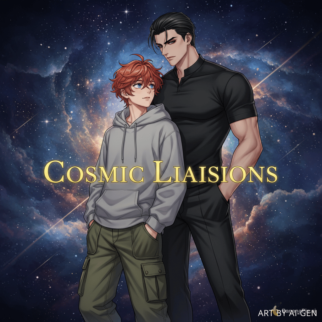 two males one shorter with bright messy auburn hair and blue eyes wearing cargo pants and a oversized shirt the other a taller more muscular man with black hair and black eyes wearing formal dress-pants a formal t-shirt, must be in a anime style drawing. Full colour.