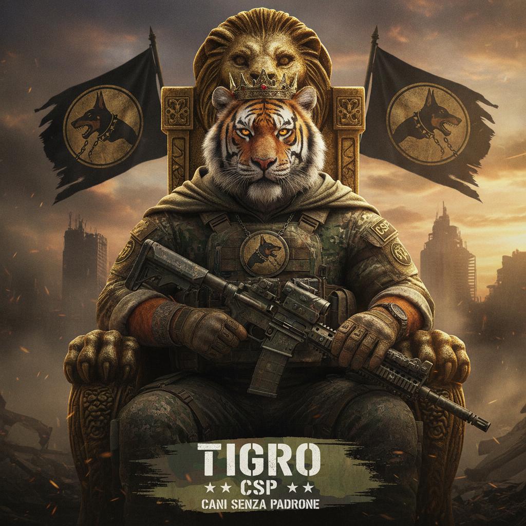 Cinematic poster in the style of Call of Duty / Warzone key art, ultra-detailed, dramatic lighting. A fierce anthropomorphic tiger warrior (original character, realistic orange fur with black stripes, intense amber eyes, scarred muzzle, slight confident smirk) sits on a golden lion-carved throne wearing a worn gold crown. He wears a muddy digital camouflage tactical uniform with plate carrier, tactical gloves, a hooded camo cape, and a patch on the sleeve. A tactical rifle rests across his lap. Behind him, torn black battle banners with golden emblems wave in a smoky post-apocalyptic city under a stormy sunset sky. Gold and olive-black color palette, gritty texture, volumetric light, shallow depth of field, hyper-realistic, 8k, vertical 2:3 poster.
Bottom text on a distressed camo brush-stroke banner, white stencil letters: "TIGRO" and underneath "CSP" between two stars. Small subtitle: "CANI SENZA PADRONE".
Emblem/logo (use as reference image): a snarling black-and-tan Doberman with spiked collar breaking a steel chain, inside a worn tan circle, with "CSP" in rough brush lettering, reproduced on the chest medallion and the banners.
