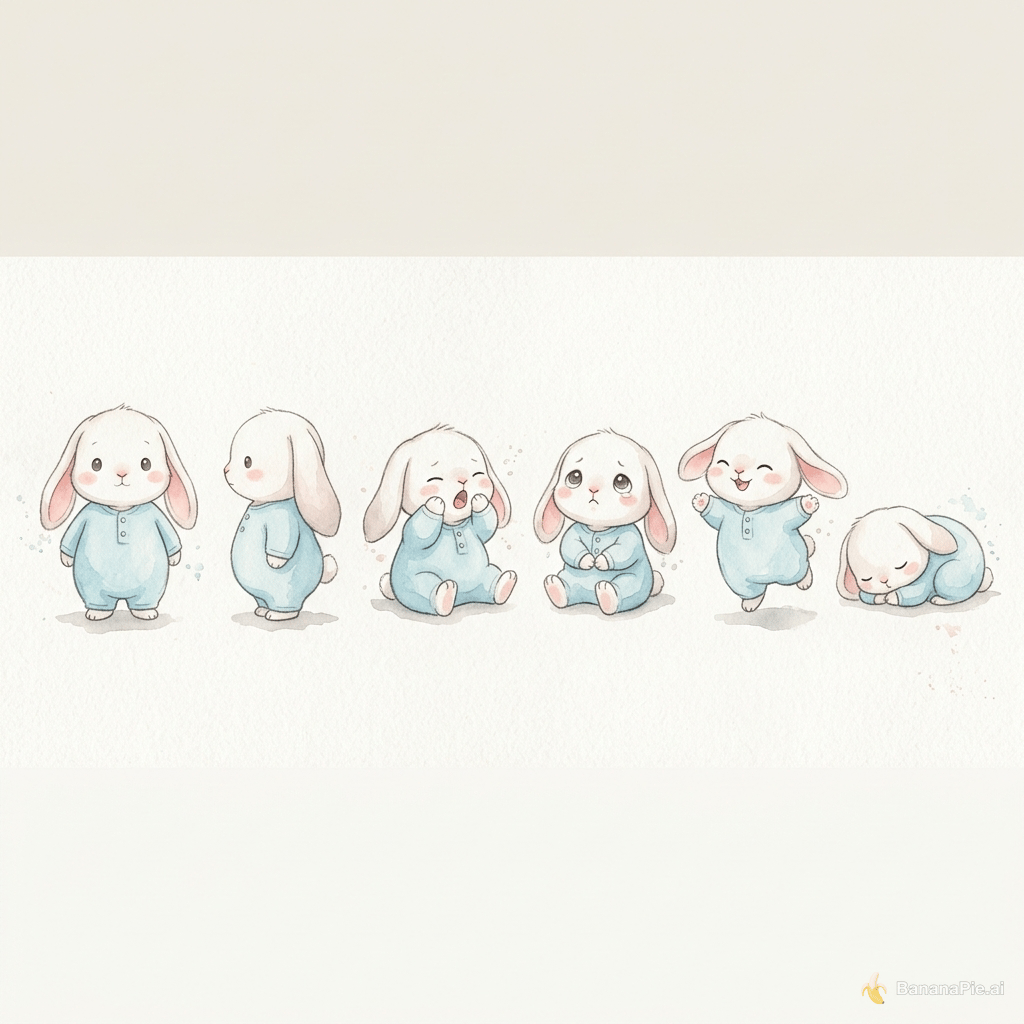 Create a character reference sheet for a baby rabbit named Boreum, in a soft watercolor children's picture book style. Boreum has soft white fur, long floppy ears with pink inner ears, a round chubby body, big gentle round eyes, and wears light blue pajamas. Show multiple poses on one sheet: front view, side view, yawning, sad with a tiny pout, smiling, and sleeping. Gentle pastel colors, visible paper texture, round friendly shapes, plain white background, no text, no letters, no labels. Wide 16:9 layout.