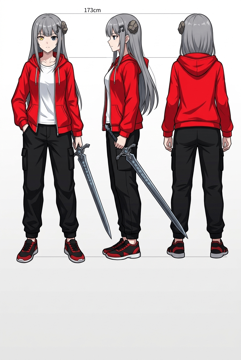 帮我生成一张角色的三视图
要求:角色为女性,身高约为173cm。角色身着红色外套,拉链敞开,内部为白色内衬,裤子为黑色,拥有黄蓝异色瞳,黄左蓝右,灰色长发,刘海,带有“音符”,“岩石”发饰,左手插兜,右手持剑。剑身上有符文。