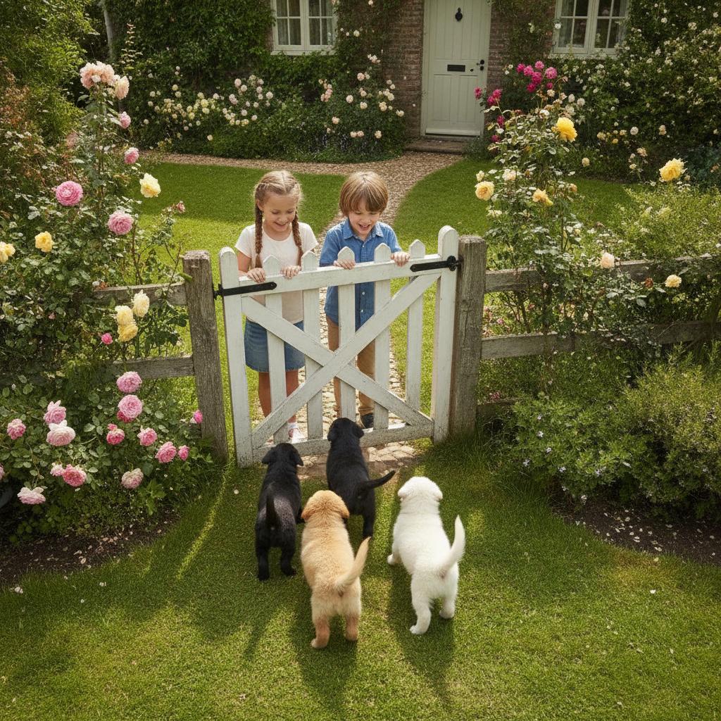 cene 1 (0–4 seconds): Two happy children open a garden gate, and three adorable puppies excitedly jump out, wagging their tails.
Scene 2 (4–9 seconds): The children throw a colorful ball across the grass, and the puppies enthusiastically chase after it.
Scene 3 (9–14 seconds): A fluffy little puppy rolls around on the grass while the children burst into laughter.
Scene 4 (14–19 seconds): The children and puppies jump and play together among colorful flowers and floating soap bubbles.
Scene 5 (19–24 seconds): The children hug the puppies as cute animated hearts appear on screen.
Final On-Screen Text: "Best Friends Forever! 🐾❤️