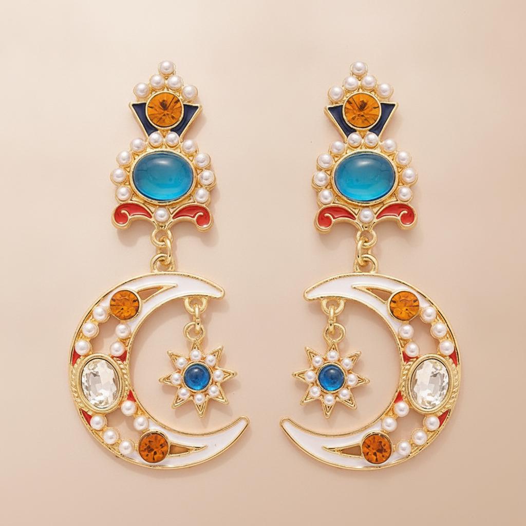 PRODUCT REFERENCE AND ACCURACY — HIGHEST PRIORITY
Use the uploaded product image as the authoritative reference for the exact earrings. Reproduce the original design faithfully. Do not redesign, simplify, beautify, or invent product details.
Preserve all original features: gold-tone metalwork, blue oval centerpiece, amber-colored decorative stones, navy and red enamel accents, small white faux pearls, white enamel crescent moon, and the dangling eight-pointed star charm with a blue center.
Maintain the original silhouette, proportions, colors, placement of every decorative element, pearl arrangement, and connecting components.
MATERIAL ACCURACY:
The colored decorative stones are synthetic stones of currently unspecified composition. Do not identify them as natural gemstones, diamonds, precious crystals, glass, resin, or any specific mineral without verified material information. Describe their colors and decorative appearance instead.
The pair weighs approximately 27 g in total. Do not represent 27 g as the weight of one earring. Do not describe the earrings as lightweight or guarantee all-day comfort.
Only mention S925 sterling silver posts if the post material has been independently substantiated by reliable supplier documentation or testing. Do not make unsupported hypoallergenic, medical, or skin-safety claims.
VISUAL SYSTEM:
Premium French vintage court-inspired jewelry editorial. Warm ivory and champagne beige backgrounds, restrained antique-gold accents, subtle navy details, realistic materials, soft directional lighting, refined serif headlines paired with clean sans-serif supporting text.
FORMAT:
Square 1:1 composition. Keep the complete product visible and proportionally accurate. Reserve uncluttered negative space for post-production text. Use consistent colors, typography, spacing, and thin gold graphic lines throughout the image series.
Do not generate certifications, material badges, promotional claims, fake logos, watermarks, or unverified product features.
Now you help me :
Create a square 1:1 premium e-commerce product image featuring the exact reference earrings. Display the complete pair in a balanced, front-facing composition against a warm ivory background with subtle champagne-gold accents.
Make the earrings large and immediately recognizable. Show the entire upper ornament, blue centerpiece, faux pearl details, white crescent moon, and dangling star charm. Use realistic gold-tone reflections, soft contact shadows, and clean luxury product photography.
Reserve a clear area above or beside the earrings for the headline "Celestial Elegance" and the supporting line "Vintage-Inspired Moon & Star Design".
Keep the composition elegant, uncluttered, and easy to understand on a mobile screen. No extra ornaments, no redesigned product, no unsupported material claims. Generate the image without text for later typesetting.