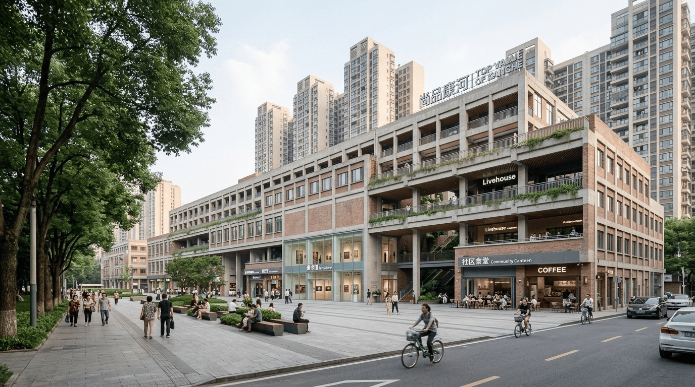 请以提供的尚品康河现状照片为基础,生成一张**白天的社区商业改造效果图**。设计主题是:**“保留建筑肌理与城市记忆,让建筑打开,让人能够进入、穿行和停留。”**
**设计优先级:建筑的透气性与公共停留空间优先,其次是原建筑肌理的延续,最后是立面装饰。**改造应清楚呈现真实的空间变化。
**保留建筑记忆**
保留原建筑层数、总高度、主要承重骨架、整体轮廓及周边道路关系。识别并延续现状照片中的立面材料、构件节奏、水平线条和标志性细节,在保留区域进行清洁、修补和克制更新。让原建筑的肌理与新增开口共同构成新的立面,使人仍能认出这栋建筑,避免将其全部覆盖成一座崭新的商业综合体。
**重点增强建筑的透气性**
在现有结构条件下,通过有选择地拆除非承重围护、首层局部退让、体块之间的竖向留白和向天空开放的中庭,打开连续封闭的商业盒子。形成几个相互联系、尺度亲切的体块,以连续的结构骨架和必要的公共连廊维持整体性。
开口需要具有真实的宽度、深度和空间用途。让街道上的人能够看见中庭、内侧走廊、树木和人的活动,形成从街道到建筑内部的视线、步行与空气流动通道。透气感主要通过实体空间的挖空、架空和退让表达,而非依赖大面积玻璃或密集装饰格栅。
**留足能够使用的停留空间**
把公共空间安排在街道与建筑之间,以及建筑体块之间,使其成为改造的主要部分。重点表现:
- 首层退让形成的有顶灰空间,可遮阳避雨、坐下休息和等候。
- 与街道直接连接的开放中庭,布置树木、座椅及灵活活动场地。
- 体块之间可进入的口袋庭院与小广场,适合交谈、看展和邻里活动。
- 面向中庭的公共连廊,在局部形成有足够进深的停留平台。
公共空间应宽敞、有连续动线,并兼有开放活动区和安静休息区。家具、绿植和外摆适量布置,保留舒适的通行空间。表现人们自然坐下、聊天、阅读、等候和观看展览的场景,避免只有匆匆经过的人流。
**组织三个核心功能**
首层美术馆面向公共中庭,展览前场与街区相连;首层社区食堂面向沿街灰空间和庭院,形成亲切的日常用餐环境;二层 Livehouse 的演出厅保持围合,入口、前厅及等候交流空间与公共连廊相联系。咖啡和社区小店适量分布在公共空间边缘。
**形成新的建筑识别符号**
以一个从街道可清楚辨认的、具有纵深的公共开口作为核心记忆点。利用保留的原建筑框架形成“城市客厅入口”,将树木、连廊和公共活动纳入其中。让建筑通过自身的空间轮廓与人的生活形成辨识度,材料和色彩保持克制。
**画面要求**
写实建筑摄影风格,白天柔和自然光,人视斜角,16:9横图。完整呈现建筑整体,并清楚展示入口、中庭深度、体块间留白及可供停留的灰空间。室内外曝光均衡,材料肌理真实,人物尺度准确,周边道路与街区关系符合原照片。
避免新增楼层、整体拆除重建、大规模玻璃幕墙、夸张悬挑、统一覆盖原立面的新表皮、装饰性假开口、狭窄不可使用的缝隙,以及被绿植或商业外摆占满的公共空间。最终画面应让人直接感受到:**这仍是记忆中的建筑,但它更加敞开,拥有充足的空间让人愿意走进去、坐下来、留下来。**