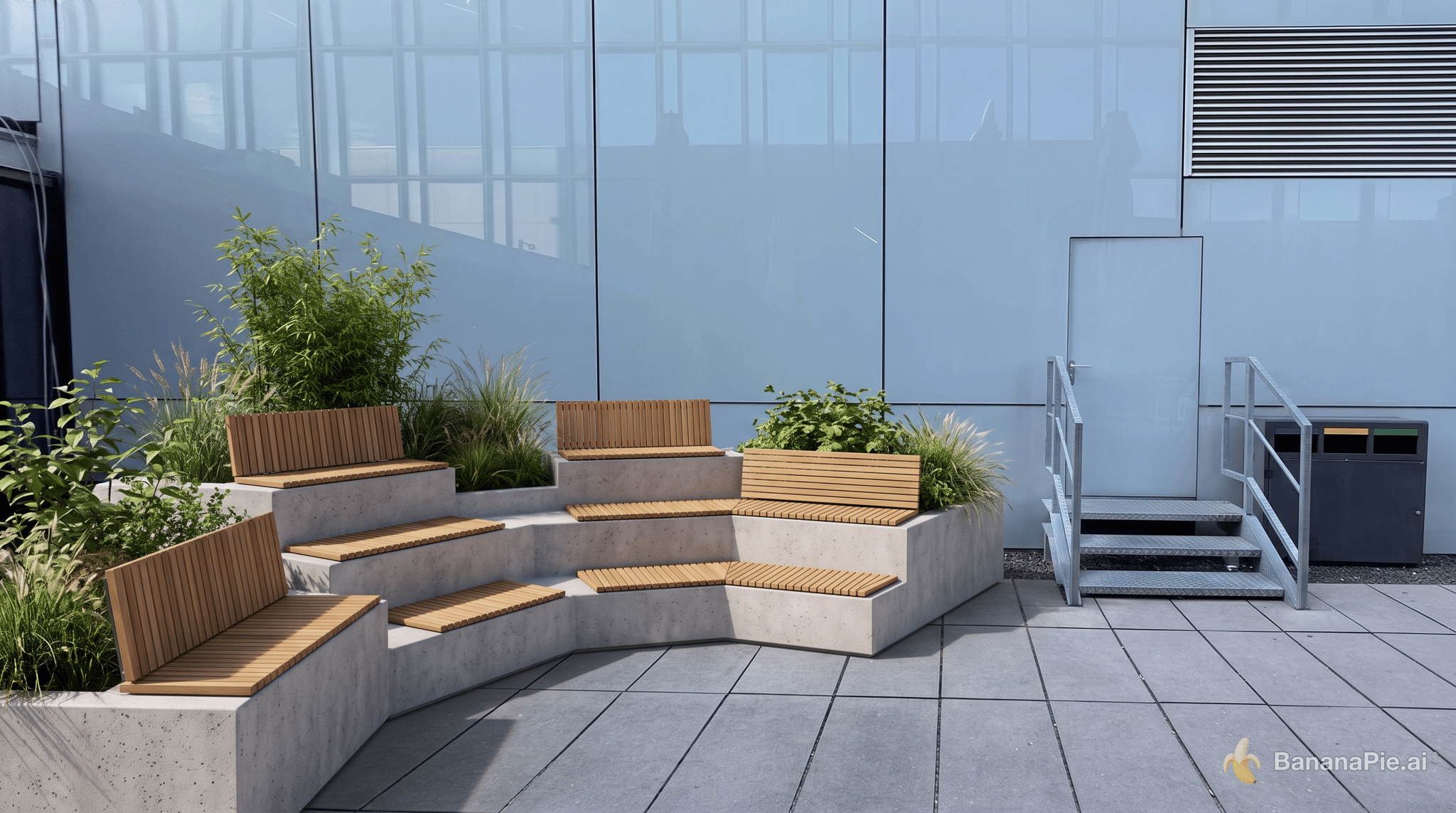 a modern contemporary office terrace with amfitheatre like benches made of concrete base and wooden seats, with a few outdoor plants in planters inbeetween. The image I would like you to work on is attached.