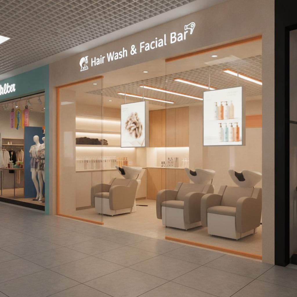 Interior mall storefront design of a hair washing and facial spa salon, white and orange primary color scheme. Moderate storefront width, acrylic illuminated sign reading "Hair Wash & Facial Bar" with small icons of hair washing and a blow dryer. Large clear glass display window, clearly showing bright shampoo chairs and warm white lighting inside. Ultra-thin light boxes inside the window displaying a close-up of fluffy hair and shampoo bottles. Storefront materials: white aluminum grille ceiling with orange acrylic accent lines, mall standard anti-slip floor tiles. Mall indoor corridor perspective, with a milk tea shop and clothing store opposite, natural and everyday life, clean and bright, friendly and approachable, affordable chain store vibe, not luxury, photorealistic, 3D render, high resolution, --ar 3:4
