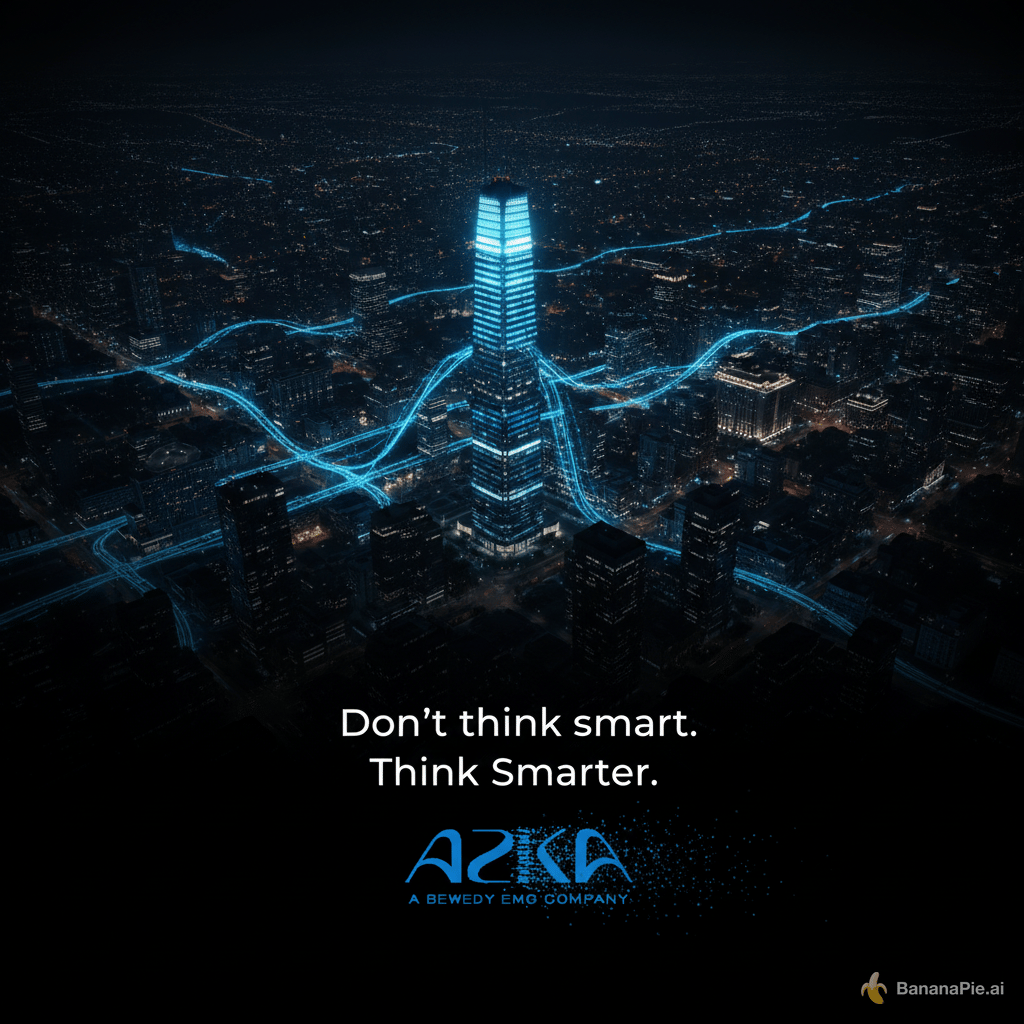 Create a **16–18 second cinematic teaser video for AZKA Technology**, a smart solutions and IoT technology brand. The video should feel premium, futuristic, sleek, and realistic, similar to a high-end technology brand commercial. The concept is that intelligence and connectivity gradually bring an entire city to life.

**VISUAL STYLE**
Photorealistic 3D cinematic rendering, realistic modern architecture, nighttime aerial cinematography, deep navy and black tones, electric blue (#2873B9) and cyan lighting, subtle atmospheric haze, realistic reflections, sophisticated lighting, smooth camera movements, and restrained visual effects. The result should feel intelligent, elegant, and technologically advanced, not like a video game or exaggerated sci-fi animation.

**SCENE 1: A CITY IN DARKNESS | 0–3 SECONDS**

Begin with a wide cinematic aerial shot of a modern city at night. The entire city is almost completely dark, with buildings visible only as subtle silhouettes. The atmosphere is mysterious and quiet.

Suddenly, a single prominent modern building illuminates from within. Cool blue light gradually spreads across its windows, making it the only clearly illuminated building in the city.

**SCENE 2: CONNECTIVITY SPREADS | 3–7 SECONDS**

From the illuminated building, streams of electric blue and cyan light begin flowing outward into the city. The light travels organically along streets and between buildings, branching into smaller streams that represent data, communication, and connectivity.

As the streams reach other buildings, their windows and architectural lighting gradually switch on. More and more of the city becomes illuminated.

The blue light should look elegant and fluid, with small luminous pulses travelling through it. Avoid excessive neon effects, holograms, floating interfaces, or obvious digital grids.

**CAMERA MOVEMENT:** The camera should follow one of the flowing blue light streams through the city, moving smoothly between buildings and revealing the growing network of connected structures.

**SCENE 3: THE CITY REVEAL | 7–10 SECONDS**

Continue following the blue light until the camera begins a smooth, cinematic pullback and rises into a wide aerial view.

Reveal the entire city now illuminated, alive with warm architectural lights and subtle electric blue connections spreading throughout the urban landscape.

The blue light streams should gradually become more subtle as the camera settles into a breathtaking wide shot. The city should communicate intelligence, integration, and seamless connectivity.

**SCENE 4: THE TAGLINE | 10–13 SECONDS**

Keep the illuminated city as the background. Gradually introduce a slight depth-of-field blur and subtly darken the background to make the text stand out while keeping the city recognizable.

Display the following exact text in the center of the screen:

First, fade in:

"Don't think smart."

Hold this text briefly. Then, a few seconds later, fade in a second line directly underneath:

"Think Smarter."

Both lines must be spelled exactly as written, with the capitalization and punctuation preserved. Use clean, modern, premium sans-serif typography in white. Center-align the text, maintain generous spacing, and use subtle fade-in transitions. Do not add any other text.

**SCENE 5: THE AZKA LOGO REVEAL | 13–16 SECONDS**

Keep the city softly blurred in the background.

The word "Smarter." begins to disintegrate into tiny electric blue particles, as though it is fizzing out and dissolving into light. The particles should move smoothly and elegantly, then converge to reveal the AZKA logo in the exact same position as the word "Smarter."

The first line, "Don't think smart.", remains visible during the transition. The AZKA logo should be crisp, correctly proportioned, and clearly recognizable.

Use the supplied official AZKA logo as the exact reference. Do not invent, approximate, distort, or redesign the logo. If the logo cannot be reproduced accurately, leave a clean space for the original logo to be composited during editing.

Hold the completed logo briefly.

**SCENE 6: ENDING | 16–18 SECONDS**

Fade the entire image smoothly to complete black. End with no additional text, no watermark, and no extra graphics.

**AUDIO DIRECTION**

Use cinematic ambient sound design. Begin with a deep, atmospheric low-frequency hum. Introduce subtle electronic pulses as the first building lights up. Gradually build the sound as the blue connectivity streams spread and the city illuminates. Add a restrained cinematic swell during the wide city reveal, followed by a subtle, impactful sound as the AZKA logo appears. End with a clean fade to silence.

**TECHNICAL REQUIREMENTS**
- Duration: 16–18 seconds.
- Aspect ratio: 16:9 landscape.
- Resolution: 4K preferred