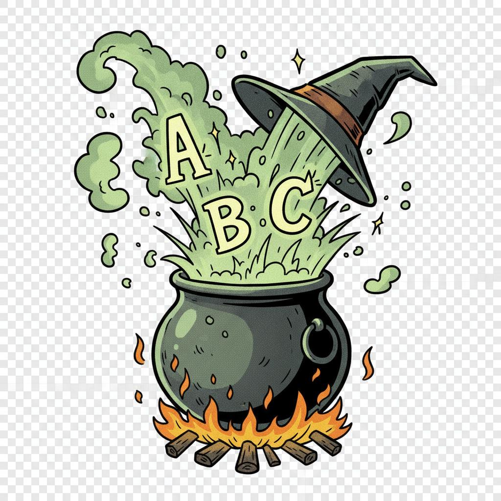 elabora un'immagine a cartone animato/fumetto ispirata al mondo di Harry Potter in cui sia rappresentato un calderone fumante da cui escono, come in esplosione, alcune lettere dell'alfabeto (A, B, C). Rimuovi lo sfondo dall'immagine
