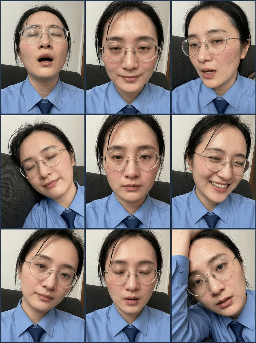 以参考图中的人物为唯一身份参考，保持脸型、五官、发型、肤色和服装完全一致：
{
  "objective": "创作一张受原始、亲密、运动后抓拍摄影启发的3x3肖像拼贴画，使用高级FACS（面部动作编码系统）来定义微表情。主体MUST STRICTLY与提供的参考图像在确切面部特征、头发和服装上完全匹配。以高度疲惫、气喘吁吁且欣快的‘即时余晖’智能手机POV风格捕捉。",  
"aspect_ratio": "9:16",  
"composition": {
    "layout": "3x3网格（9个等大肖像）",
    "framing": "极端特写头部和肩部肖像，凌乱构图",
    "style": "干净网格，间距最小，捕捉原始的身体疲惫和强烈快感",
    "consistency": "与参考图像相同的主体、相同服装、相同发型，姿势和角度略有变化"
  },  
"subject": {
    "person": "经历身体运动后即时、气喘吁吁的欣快崩溃的成年女性",
    "appearance": {
      "instruction": "STRICTLY KEEP 100% CONSISTENT WITH REFERENCE IMAGE。不要生成随机的发色、肤色或面部特征。精确复制参考图像。"
    },
    "outfit": {
      "instruction": "STRICTLY KEEP 100% CONSISTENT WITH REFERENCE IMAGE。不要更改服装或配饰。"
    }
  },  
"facs_expressions": [
    {
      "panel": 1,
      "action_units": ["AU53 (头部上扬)", "AU43 (眼睛闭合)", "AU27 (嘴巴拉伸)"],
      "description": "头部深深向后仰，眼睛紧闭，嘴巴大张，进行深长的疲惫呼气/喘息"
    },
    {
      "panel": 2,
      "action_units": ["AU45 (沉重眼睑)", "AU25 (嘴唇分开)", "AU12 (唇角拉起)"],
      "description": "用完全呆滞、沉重的眼睛看着POV，带着虚弱、气喘吁吁的欣快微笑"
    },
    {
      "panel": 3,
      "action_units": ["AU19 (舌头伸出)", "AU26 (下巴下垂)"],
      "description": "嘴巴微张喘息，舌尖轻靠下唇以润湿它"
    },
    {
      "panel": 4,
      "action_units": ["AU55 (头部向左倾斜)", "AU43 (眼睛闭合)", "AU14 (酒窝肌)"],
      "description": "脸颊用力压在床上/枕头上，完全瘫软，形成一个满足的坏笑"
    },
    {
      "panel": 5,
      "action_units": ["AU7 (眼睑收紧)", "AU24 (嘴唇压紧)", "AU38 (鼻孔扩张)"],
      "description": "抑制一波持续的快感浪潮，嘴唇紧压，鼻孔因沉重呼吸而略微扩张"
    },
    {
      "panel": 6,
      "action_units": ["AU43 (眼睛闭合)", "AU12 (唇角拉起)", "AU6 (脸颊上提)"],
      "description": "突然的、虚弱但强烈快乐的疲惫笑声爆发，眼睛闭合"
    },
    {
      "panel": 7,
      "action_units": ["AU1 (内眉上扬)", "AU45 (眨眼/半闭眼睛)"],
      "description": "透过湿润/凌乱的睫毛向上看，眉毛略微上扬，呈现无助、完全投降的表情"
    },
    {
      "panel": 8,
      "action_units": ["AU32 (咬)", "AU26 (下巴下垂)", "AU43 (眼睛闭合)"],
      "description": "轻轻咬住下唇，同时喘气求空气，被感觉压倒"
    },
    {
      "panel": 9,
      "action_units": ["AU54 (头部下垂)", "AU45 (沉重眼睑)", "AU25 (嘴唇分开)"],
      "description": "额头靠在自己的手臂上，用零防御的目光深深凝视镜头，嘴唇仍微微分开"
    }
  ],  
"visual_style": {
    "genre": "原始亲密余晖肖像摄影",
    "color": "全彩",
    "quality": "智能手机抓拍，略微模糊模拟颤抖的手或运动",
    "texture": ["可见颗粒", "浓重的露水/汗湿皮肤纹理", "潮红的脸颊和胸部", "发丝粘在脸上"],
    "color_tone": "发烧般的、温暖且高度饱和的亲密色调"
  },  
"lighting": {
    "style": "环境低光结合直接特写智能手机闪光",
    "effect": "汗水/露水皮肤上的刺目光反射，深度内脏且原始的氛围"
  },  
"camera": {
    "device": "智能手机",
    "lens": "标准手机镜头",
    "distance": "宏观肖像距离，零个人空间",
    "feel": "手持式、深度沉浸的床边POV"
  },  
"quality_targets": {
    "look": "真实、心跳加速的疲惫肖像拼贴",
    "focus": "捕捉极端满足的原始生理反应，同时严格保持参考身份",
    "consistency": "EXACT与参考图像相同的主体、头发和服装，贯穿所有面板"
  }
}