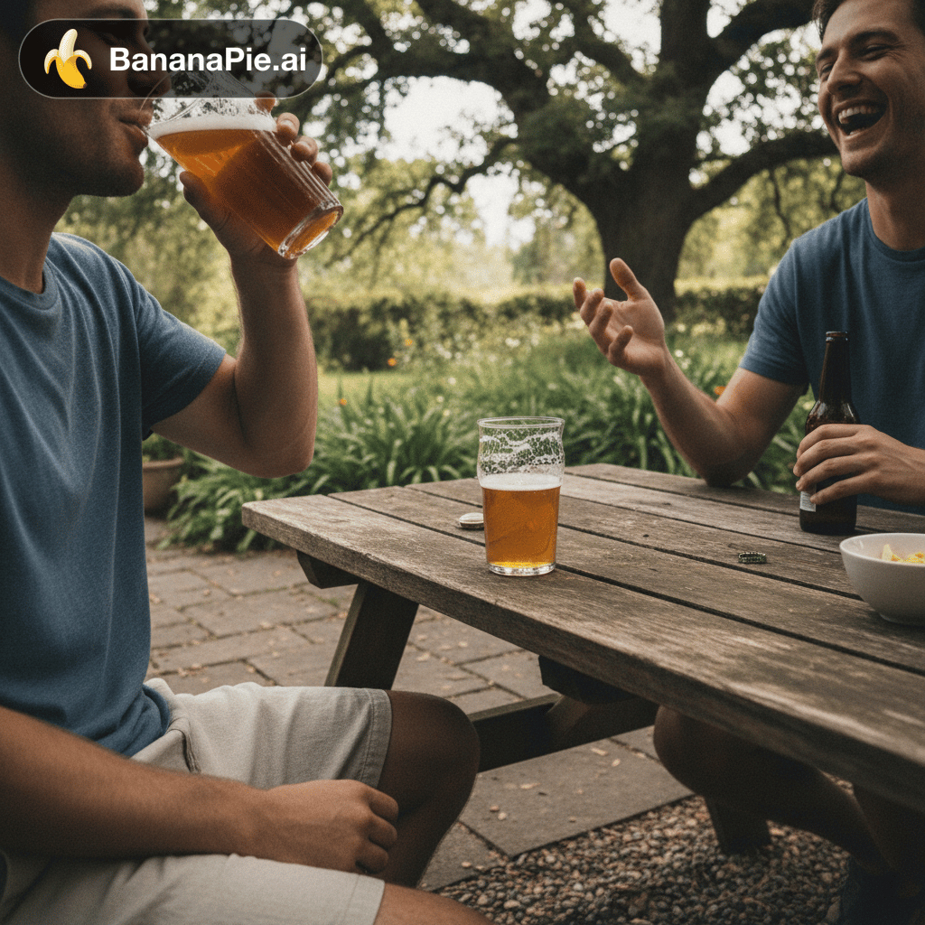 Photorealistic candid photograph of [two people] in a natural, everyday [outdoor setting]. The person or people are [behavior:holding the alcohol]. The clearly visible focal beverage is [beer], served in [appropriate glass]. [If the beverage is only present: It rests naturally on the table and is not being touched.] [If it is being poured: Show the beverage flowing naturally from the container into the glass.] [If someone is drinking: Show a natural hand-to-mouth drinking action.]
The scene feels unstaged and socially natural, with relaxed expressions and ordinary clothing. Show realistic hands and natural interactions between people and objects. Use natural ambient lighting, realistic colors and textures, and a documentary-style smartphone photograph perspective. Frame the scene [environmental shot], with the beverage clearly visible and recognizable. Keep the composition realistic and avoid exaggerated reactions or dramatic emphasis on the drink. No visible brand names, logos, or readable labels, or face of the people.