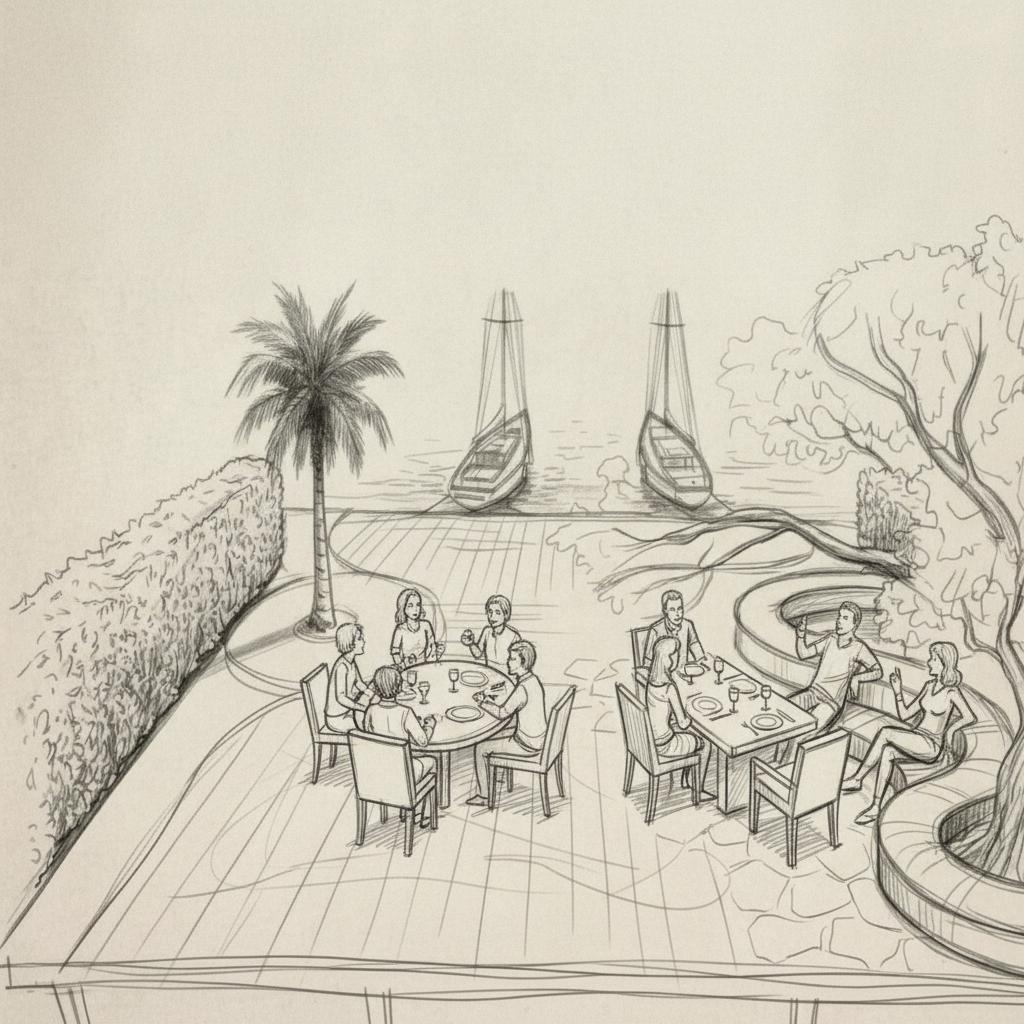 en gardant le style brouillon noir et blanc de l'image de référence. je veux 6 personnages. 3 assis sur des chaises épurés autour d'une table ovale assez proche de la banquette où sont assis 3 autres personnages.