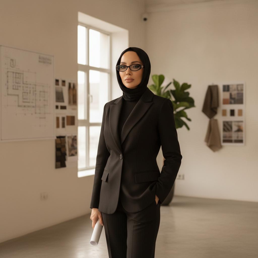A professional lifestyle portrait of an interior designer, beautiful woman in a minimalist design studio, wearing a tailored elegant black pantsuit, looking confident. Soft warm studio lighting. In the background: architectural sketches, a mood board with fabrics. Magazine editorial style, photorealistic, shot on 85mm lens --cref