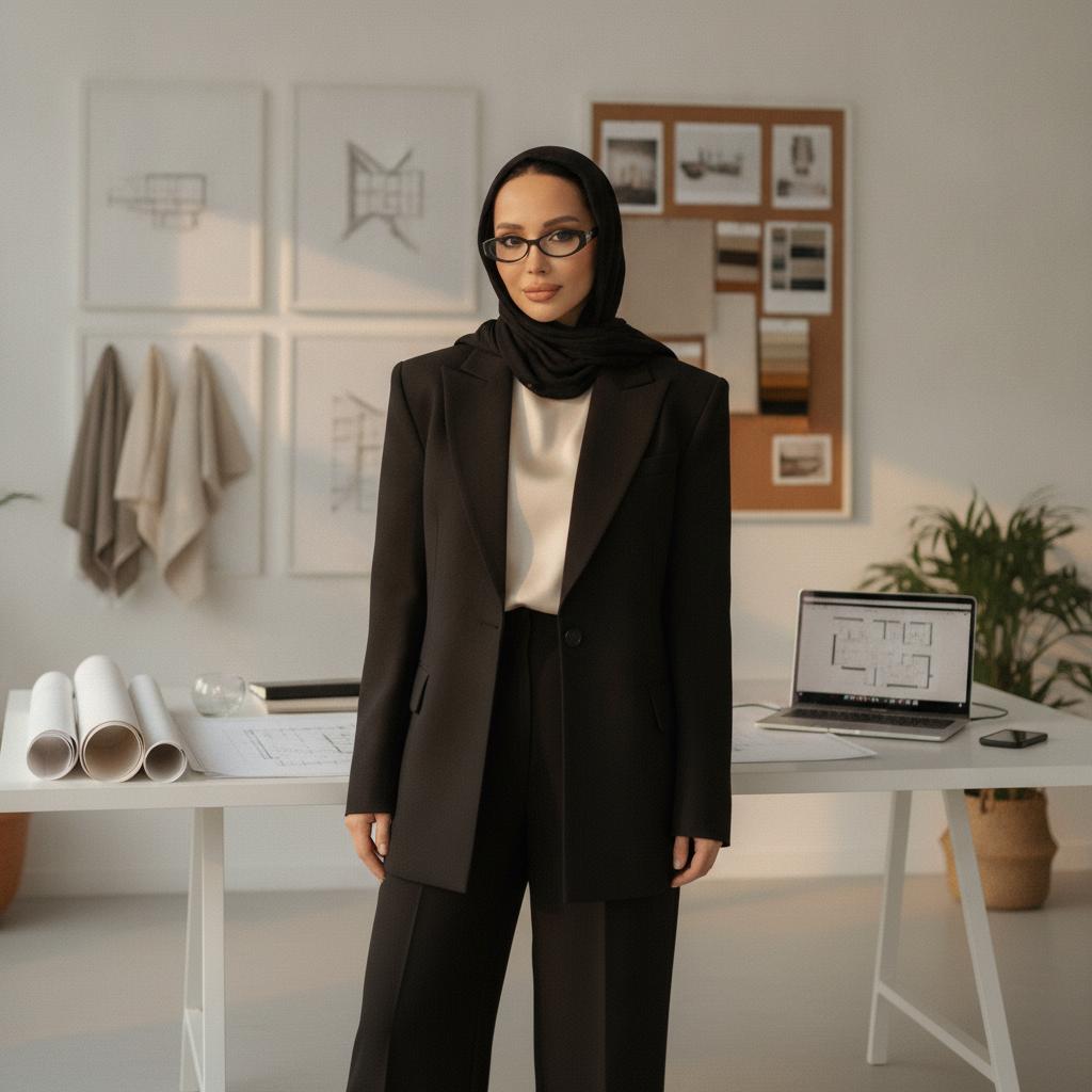A professional lifestyle portrait of an interior designer, beautiful woman in a minimalist design studio, wearing a tailored elegant black pantsuit, looking confident. Soft warm studio lighting. In the background: architectural sketches, a mood board with fabrics. Magazine editorial style, photorealistic, shot on 85mm lens --cref костюм с широкими плечами как с мужского плеча