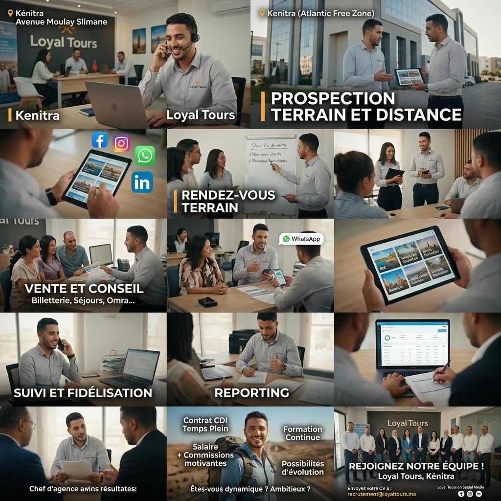 Prends en compte les images attachés qui décrit le poste d agent commercial pour faire une vidéo de campagne de recrutement pour l agence Loyal Tours à kenitra