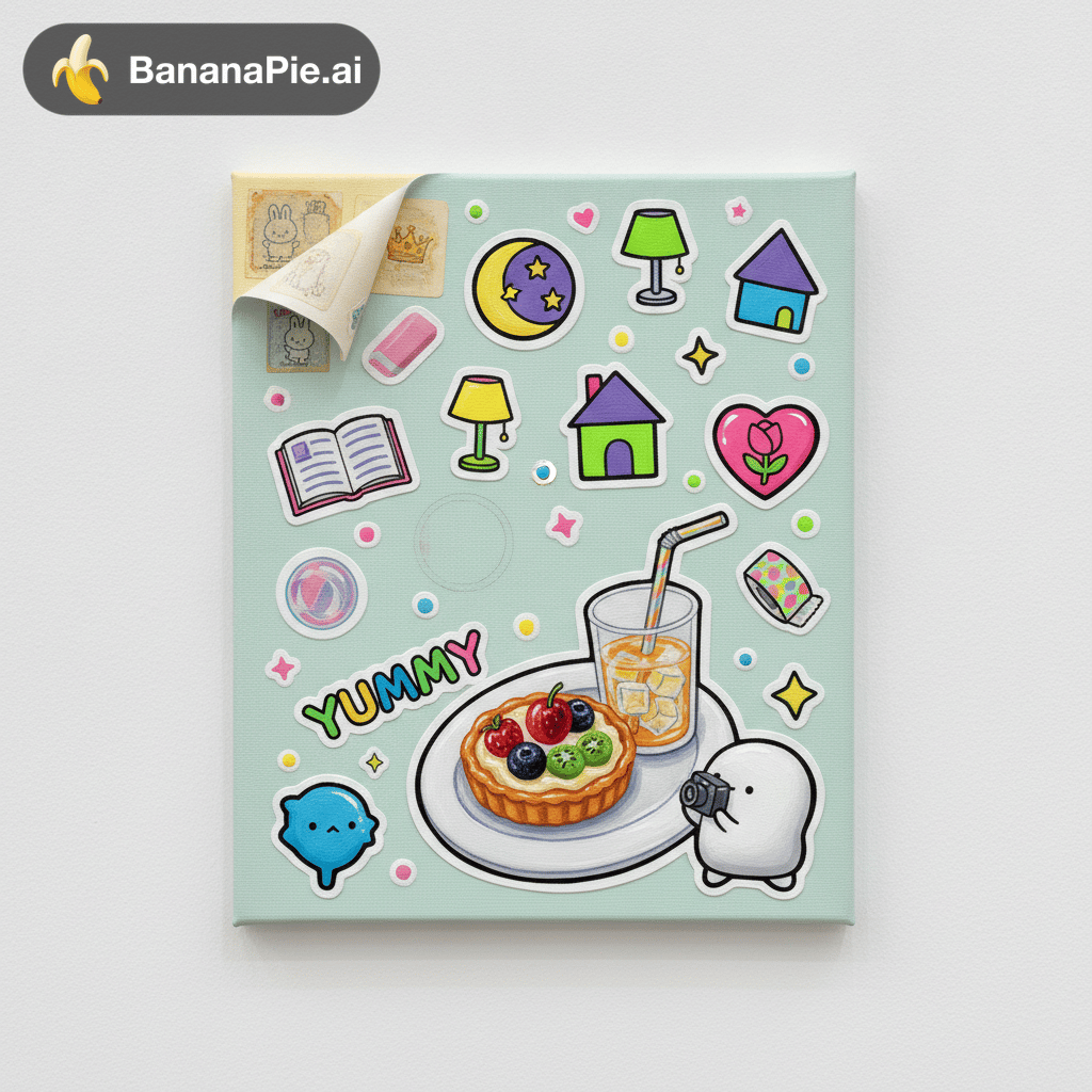 A photograph of a finished acrylic mixed-media painting on a vertical stretched canvas (about 50 x 73 cm), displayed on a white gallery wall. The painting depicts a single page of a personal sticker book, viewed straight on.

Background: a clean, very pale mint-gray sticker book page with a subtle glossy release-paper sheen.

Stickers: about 20-25 cute die-cut stickers scattered freely (not in a grid), all brand-new, crisp and vivid, in a consistent hand-drawn kawaii / 90s retro / Y2K sticker style. Every sticker has the same thick black outline, the same thick white die-cut border, and the same small white highlight. Limited neon palette repeated across all stickers: fluorescent pink, lime green, neon yellow, electric blue, purple.
Motifs: an open book, a small table lamp, a little house with a chimney, a crescent moon with stars in a circle, a puffy heart with a tulip inside, a roll of washi tape, a "YUMMY" text sticker with a zigzag border, plus tiny stars, hearts, sparkles and dots filling the gaps.

Focal sticker: the largest sticker, about one third of the canvas width, placed in the lower right-center and slightly tilted. It is a thick puffy (cushion) sticker with real dimensional volume, shading and glossy highlights, showing a fruit tart on a plate and a clear iced drink with a straw, next to a small cute round original character holding a camera and taking a photo of the dessert. One continuous white border wraps the whole group. The "YUMMY" sticker overlaps its top corner.

Key feature: the top-left corner of the actual canvas fabric is physically peeled off the frame and curled forward like a sticker being lifted, casting a real soft shadow. Under the curl, older sticker book pages are revealed, stacked in layers, faded, yellowed and dull, with worn, cracked, sun-bleached old stickers in a more childish style (a bunny character, marbles, an eraser, a little crown). Strong contrast between the vivid neon present page and the faded past pages.

Small details: one empty spot where a sticker was peeled off, leaving a faint sticky residue mark and the outline of the cut line. One sticker reattached slightly crooked, with one edge lifting.

Style: hand-painted acrylic with visible but controlled brushwork, flat crisp edges on the stickers, glossy varnish only on the stickers, textured raised white borders made with modeling paste. Soft single light source from the upper left. Clean, uncluttered composition with breathing room. High detail, realistic photo of an artwork.
real brand logos, existing cartoon characters, human face, messy cluttered composition, grid layout, pastel colors, blurry, text watermark, extra frames