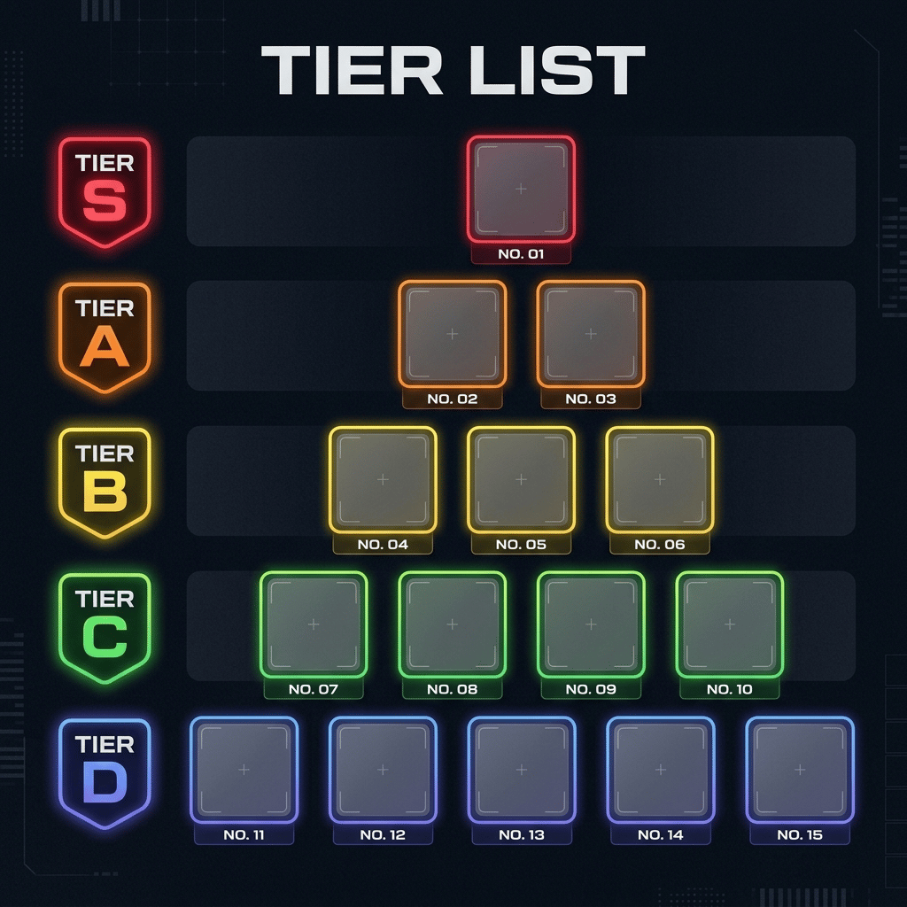 請幫我生成Tier S~Tier D的層級圖，Tier D有5個方框、Tier C有4個，其餘以此類推，每個方框預留空白部分以利放入球隊logo，並在每個方框的下面加上名次