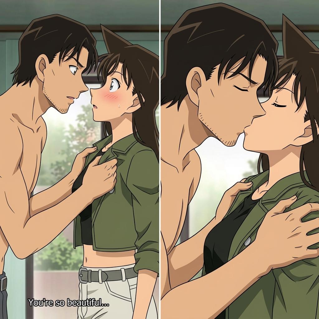 Make 2 images. Guy is shirtless. Use background 2nd image.
Image 1 guy is holding her by her clothes with his 2 hands, they are almost about to kiss. Guy says you re so beautifull.
Image 2 make them kiss. Guy is holding her by her clothes with his 2 hands and pulls her in. Make the kiss a close up