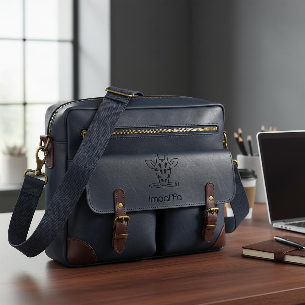 Create realistic, high-quality product mockups featuring the original Impaffa logo. Work accessories
Premium crossbody laptop messenger bag with a tasteful logo application.