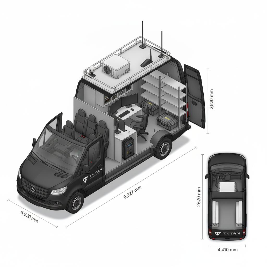 TYTAN MOBILE GROUND STATION — FINAL IMAGE GENERATION PROMPT

Create a highly realistic, technically accurate isometric cutaway illustration of a custom Mercedes-Benz Sprinter mobile flight-test ground station.

Use the attached Mercedes-Benz PDF as the vehicle reference and the attached original TYTAN TECHNOLOGIES logo for branding.

CRITICAL: Follow the interior arrangement below exactly. Spatial accuracy is more important than visual creativity.

1. Vehicle specifications

* Mercedes-Benz Sprinter PRO 311 CDI, long wheelbase, high roof, rear-wheel drive.
* Exterior: 6,967 mm long × 2,020 mm wide × 2,620 mm high.
* Wheelbase: 4,325 mm.
* Cargo compartment: 4,410 mm long × 1,787 mm wide × 2,010 mm high.
* Deep black exterior paint.
* 16-inch alloy wheels.
* Right-side sliding door.
* One fixed side window on each side behind the cab.
* Two rear cargo doors.

Do not add extra windows, doors, or seats.

2. MANDATORY TOP-VIEW BLOCK DIAGRAM

FRONT OF VEHICLE AT TOP. REAR DOORS AT BOTTOM.

          FRONT / WINDSHIELD
                  ↑
┌─────────────────────────────────┐
│ DRIVER    PASSENGER   PASSENGER │
│   ↑          ↑           ↑      │
│                                 │
├─────────────────────────────────┤
│                                 │
│       SECOND ROW BENCH          │
│                                 │
│   [SEAT]   [SEAT]   [SEAT]      │
│      ↑       ↑       ↑          │
│                                 │
│    ALL THREE FACE FORWARD       │
│                                 │
╞═════════════════════════════════╡
║             WALL A              ║
║  FULL WIDTH, FLOOR TO CEILING   ║
╞═════════════════════════════════╡
│                                 │
│ [MONITOR 1][MONITOR 2][MONITOR 3]│
│                                 │
│ ┌─────────────────────────────┐ │
│ │        COMPUTER DESK        │ │
│ └─────────────────────────────┘ │
│                                 │
│          OPERATOR SEAT          │
│               ↑                 │
│      FACING THE MONITORS        │
│                                 │
│       ECOFLOW UNDER SEAT        │
│                                 │
│                                 │
│  NO WALL — NO DOOR — OPEN SPACE │
│                                 │
│ ┌────────┐          ┌────────┐  │
│ │ LEFT   │          │ RIGHT  │  │
│ │SHELVES │          │SHELVES │  │
│ │        │          │        │  │
│ │        │  CENTER  │        │  │
│ │        │  AISLE   │        │  │
│ │        │          │        │  │
│ │        │  DRONE   │        │  │
│ │        │  CASES   │        │  │
│ └────────┘          └────────┘  │
│                                 │
├────────────────┬────────────────┤
│   REAR DOOR    │   REAR DOOR    │
└────────────────┴────────────────┘
               REAR

3. Critical interior layout

The exact front-to-rear sequence is:

Three front seats → Three-seat crew bench → Wall A → Computer desk and three monitors → One operator chair → Open storage area with shelves on both sides → Rear doors.

There is ONLY ONE interior partition: WALL A.

Front seating

* Three original front cab seats: driver and two passengers.
* Directly behind them, one factory three-person crew bench.
* All six passenger seats face forward toward the windshield.
* The second-row bench is directly in front of Wall A.

Wall A

* One solid transverse partition immediately behind the second-row bench.
* Runs across the full vehicle width.
* Extends from floor to ceiling.
* The workstation is installed on the REAR FACE of this partition.

Computer workstation

* Three 24-inch monitors mounted side by side on Wall A.
* Monitors face the rear of the vehicle.
* Full-width transverse desk, 450 mm deep, 800 mm high.
* Monitors approximately 1,680 mm wide in total.
* Original illuminated TYTAN logo above the monitors.
* Overhead locker containing radio and networking equipment.
* Cortex computer, network switch, and power strip under the desk.
* Nothing mounted on the longitudinal side walls in the workstation area.

Operator chair

* Exactly ONE swivel operator chair.
* Located behind the computer desk.
* Faces FORWARD toward the windshield and the monitors.
* Its backrest faces the rear doors.
* Mounted on a ventilated pedestal box measuring 760 × 400 × 470 mm.
* EcoFlow DELTA Pro 3 power station (693 × 341 × 410 mm) installed INSIDE the pedestal, directly underneath the chair.
* Show the EcoFlow through a cutaway opening in the pedestal.

Open rear storage — NO SECOND WALL

IMPORTANT CHANGE: WALL B HAS BEEN COMPLETELY REMOVED.

There is absolutely NO partition, NO door, and NO barrier between the operator chair and the rear storage area.

The operator workstation and rear storage occupy one continuous open space behind Wall A.

The operator must be able to approach and access the workstation directly from the rear cargo doors through the central aisle.

Behind and alongside the operator area, install:

* Four-level aluminium shelves on the LEFT side.
* Four-level aluminium shelves on the RIGHT side.
* Shelf depth approximately 400 mm.
* Shelving positioned above the rear wheel arches.
* An open central aisle approximately 990 mm wide.
* Rugged drone transport cases on the rear floor.
* A small electrical distribution box in the rear storage area.
* Blue CEE 230 V / 16 A power inlet at the lower left rear exterior.

Do not place a wall or door between the operator and the shelves.

4. Roof equipment

* Aluminium platform roof rack approximately 4.5 m long.
* Rack approximately 100 mm above the roof.
* White 230 V rooftop air-conditioning unit approximately 1,000 × 760 × 240 mm, above the operator area.
* GNSS puck antenna near the front of the rack.
* LTE/5G shark-fin antenna near the rear.
* Two whip datalink antennas at the rear rack corners.
* At least 1 m separation between antennas and the AC unit.
* Sealed roof cable entry and ceiling cable tray to the workstation.

5. Branding

Use the uploaded TYTAN TECHNOLOGIES logo exactly as supplied.

Place it on:

* Both exterior side panels.
* Both rear cargo doors.
* The illuminated console panel above the monitors.

Do not redraw, distort, recolor, or redesign the logo.

6. Camera and visual presentation

Produce one professional technical presentation image with:

* Main isometric cutaway viewed from above the LEFT side.
* Front of vehicle on the LEFT of the image.
* Rear of vehicle on the RIGHT.
* Selectively removed left-side bodywork and roof to reveal the full interior.
* Clearly visible longitudinal arrangement of the six passenger seats, Wall A, monitors, desk, operator chair, and open storage.
* A smaller TOP-DOWN VIEW showing the identical layout.
* Clean white background.
* Photorealistic materials and precise engineering linework.
* Accurate Mercedes-Benz Sprinter proportions.
* No people.

Include dimension arrows for:

* 6,967 mm overall length.
* 2,020 mm overall width.
* 2,620 mm overall height.
* 4,410 mm cargo compartment length.

7. Numbered legend

1. Three-seat crew bench
2. Wall A — only interior partition
3. Computer desk
4. Three 24-inch monitors
5. Cortex computer
6. Operator chair
7. EcoFlow DELTA Pro 3 inside chair pedestal
8. Open operator-to-storage passage — NO WALL
9. Left and right storage shelves
10. CEE 230 V / 16 A power inlet
11. Rooftop air-conditioning unit
12. Roof rack and antennas

8. Strict prohibitions

DO NOT:

* Add Wall B.
* Add any partition behind the operator chair.
* Add any interior door between the workstation and storage.
* Put monitors on the side walls.
* Rotate the workstation desk along the van length.
* Make the operator chair face backward.
* Put the EcoFlow beside the chair.
* Add a second operator chair.
* Reverse the crew bench.
* Block the central passage from the rear doors to the operator chair.
* Change the original TYTAN logo.
* Invent extra vehicle features.

FINAL VALIDATION: The entire area behind Wall A must be ONE CONTINUOUS OPEN INTERIOR. The computer workstation is at the front of this open area, the operator chair faces forward toward the monitors, and storage shelves run along the left and right sides toward the rear doors. There is NO WALL B and NO SECOND INTERIOR DOOR.

Generate the final engineering cutaway image according to this exact arrangement.