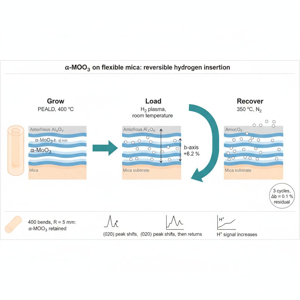 Create a clean, flat-style scientific graphical abstract for a materials-science
journal (Elsevier style), landscape format with a 2.5:1 aspect ratio (e.g.
3000 × 1200 px), white background, minimal text, readable when reduced to 13 cm
width. Vector-like look, soft gradients only, no photorealism, no 3D clutter.
TITLE STRIP (top, small): "α-MoO₃ on flexible mica: reversible hydrogen insertion"
LAYOUT: three panels read left to right, linked by two bold arrows, plus a curved
"loop" arrow beneath panels 2 and 3 to show reversibility.
PANEL 1 – "Grow" (label: "PEALD, 400 °C"):
A thin, translucent mica sheet gently rolled into a cylinder (the substrate is
flexible and rollable). Beside it, a cross-section schematic of the stack, drawn
as three horizontal layers from top to bottom: amorphous AlₓOᵧ cap (grey, ~13 nm),
layered α-MoO₃ (blue, 40–80 nm) drawn as stacked van der Waals sheets with a
narrow regular gap, and mica substrate (pale orange/beige, with a subtle
layered texture).
PANEL 2 – "Load" (label: "H₂ plasma, room temperature"):
The same cross-section, now with small hydrogen atoms (white spheres with a
thin outline) entering the gaps between the MoO₃ layers. The gaps are visibly
wider than in panel 1. Add a double-headed vertical arrow across one expanded
gap labelled "b-axis +6.2 %". Keep the layer count identical to panel 1 so that
the viewer sees only the gap widening.
PANEL 3 – "Recover" (label: "350 °C, N₂"):
The cross-section returns to the narrow-gap state of panel 1, with hydrogen
atoms leaving upwards. Small badge: "3 cycles, Δb ≈ 0.1 % residual".
BOTTOM STRIP (small icons with 2–3 words each):
- bent mica icon: "400 bends, R = 5 mm: α-MoO₃ retained"
- a small XRD-peak icon with a left shift: "(020) peak shifts, then returns"
- a small ToF-SIMS-style depth profile icon: "H⁺ signal increases"
STYLE: palette limited to blue (MoO₃), grey (AlₓOᵧ), warm beige/orange (mica),
white (hydrogen), and one accent colour for arrows. Sans-serif font (Arial or
Helvetica), text no smaller than 12 pt at final size, high contrast, generous
white space, consistent line weights. Text must be spelled exactly as given,
in British English.
AVOID: photographs, logos, stock-image look, dense paragraphs, chemical
equations, numerical tables, hydrogen-storage capacity values, Si wafers,
reproduction of any XRD pattern or SEM image from the paper, decorative
gradients that reduce legibility.
Resolution >= 300 DPI. Output = PNG & TIFF