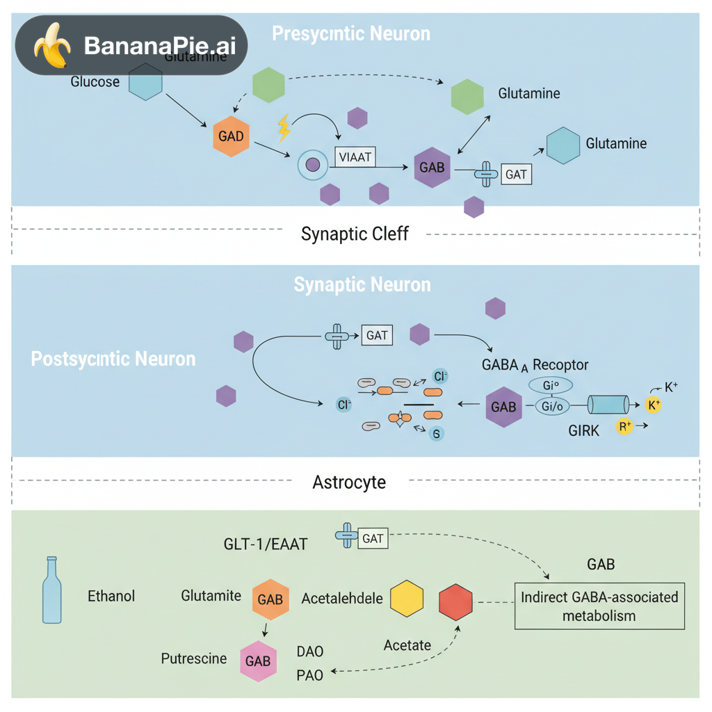 Create a publication-quality BioRender-inspired scientific schematic showing GABA metabolism and synaptic signaling. Use a 16:9 landscape white canvas with four regions: presynaptic neuron, synaptic cleft, postsynaptic neuron, and astrocyte. Depict glucose- and glutamine-derived glutamate converted to GABA via GAD; astrocytic glutamate uptake and GAD-mediated GABA synthesis; glutamate-to-glutamine conversion via GS; VIAAT-mediated vesicular loading and action-potential-dependent release; GAT-mediated GABA reuptake and vesicular recycling or mitochondrial degradation; putrescine-associated metabolism with DAO and PAO; ethanol → acetaldehyde → acetate → a separate indirect GABA-associated metabolic pathway; postsynaptic GABA_A receptors mediating Cl⁻ influx and GABA_B receptors signaling through Gi/o and GIRK-mediated K⁺ efflux. Use pastel blue neurons, a pale-green astrocyte, purple GABA, orange glutamate, green glutamine, clean arrows, accurate compartments, concise English labels, and publication-quality vector aesthetics. Avoid incorrect direct conversions, ambiguous arrows, clutter, and photorealism. Ensure all scientific labels are legible and all transport directions are correct.