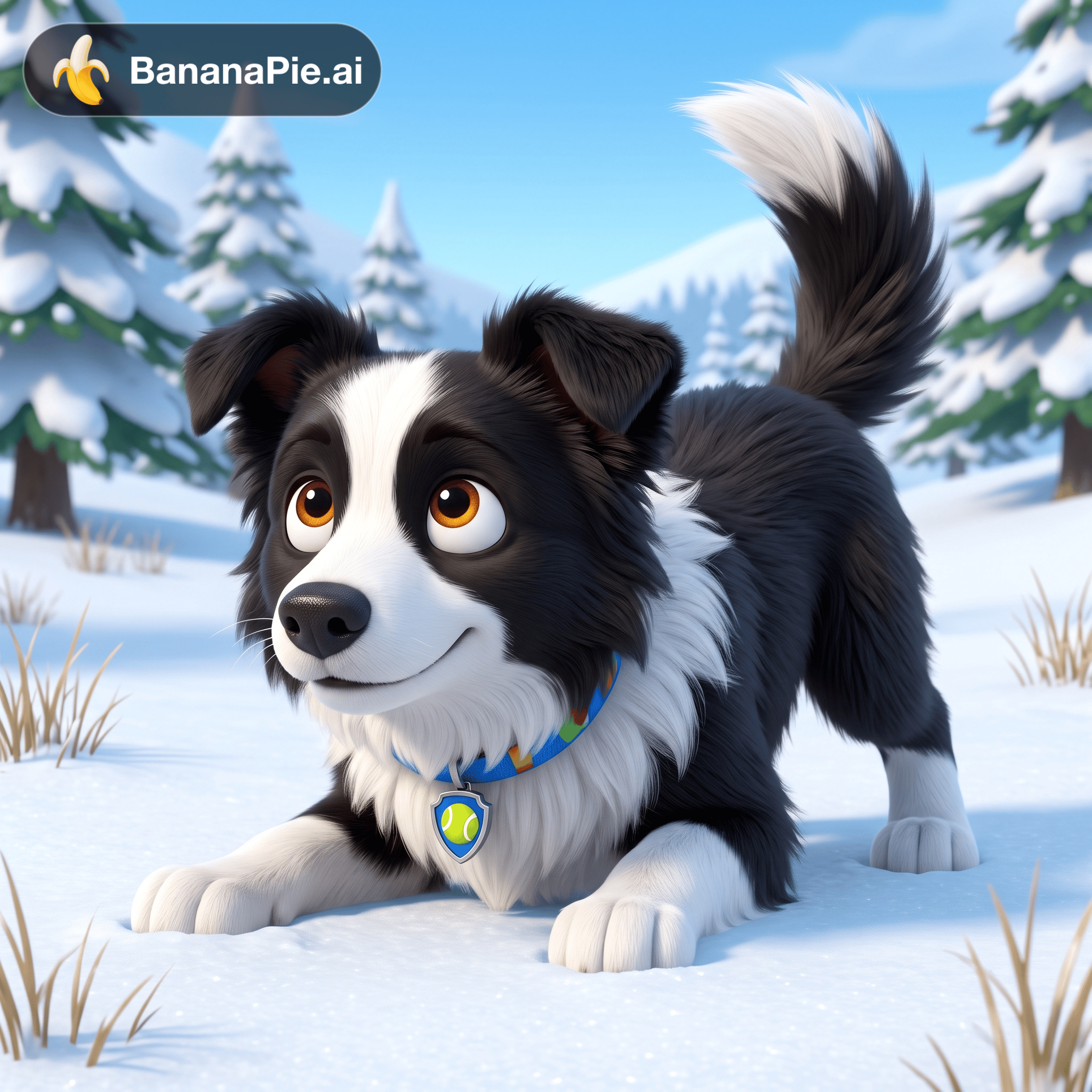 Make  a cute art in the style of pow patrol of a black and white Border Collie in position for a ball being thrown. Only  show the border collie itself.