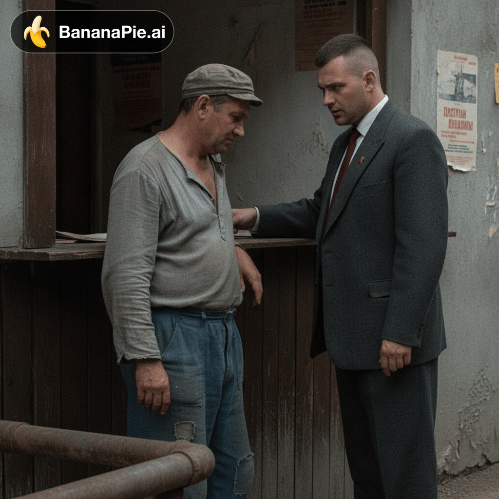 Make guys look like they are from soviet era. Guy in shirt should look like boss or someone from comitee and other guy like poor worker