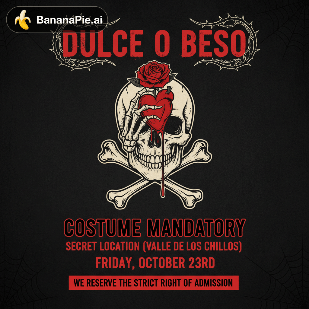 Deseo crear un flyer para una fiesta titulada “Dulce o Beso”. La paleta de colores debe ser de color negro con rojo Sangre y que sea un esqueleto de halloween. Tiene que incluir como cuerpo: Disfraz obligatorio.
Secret Location (Valle de los Chillos) y que enga como fecha el Viernes 23 de octubre. Además debe ncluir en lo pequeño: Nos reservamos el estricto derecho de admisión