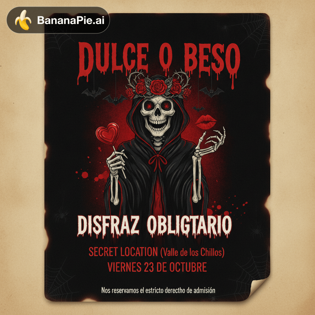 Deseo crear un flyer para una fiesta titulada “Dulce o Beso”. La paleta de colores debe ser de color negro con rojo Sangre y que sea un esqueleto de halloween. Tiene que incluir como cuerpo: Disfraz obligatorio.
Secret Location (Valle de los Chillos) y que enga como fecha el Viernes 23 de octubre. Además debe ncluir en lo pequeño: Nos reservamos el estricto derecho de admisión