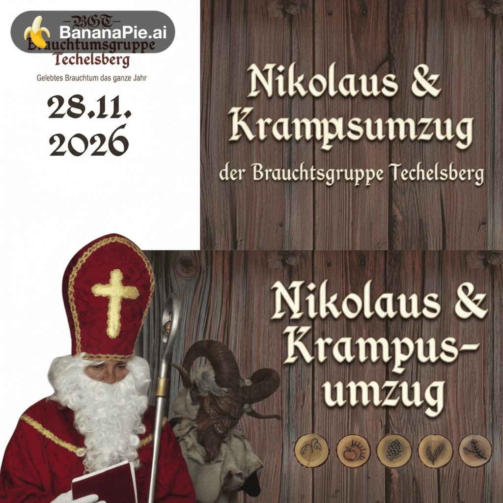 entferne rechts die Glocken und was da noch so ist übernim die grafick vom Banner , Ändere den Text auf : Nikolaus & Krampusumzug der Brauchtumsgruppe Techelsberg