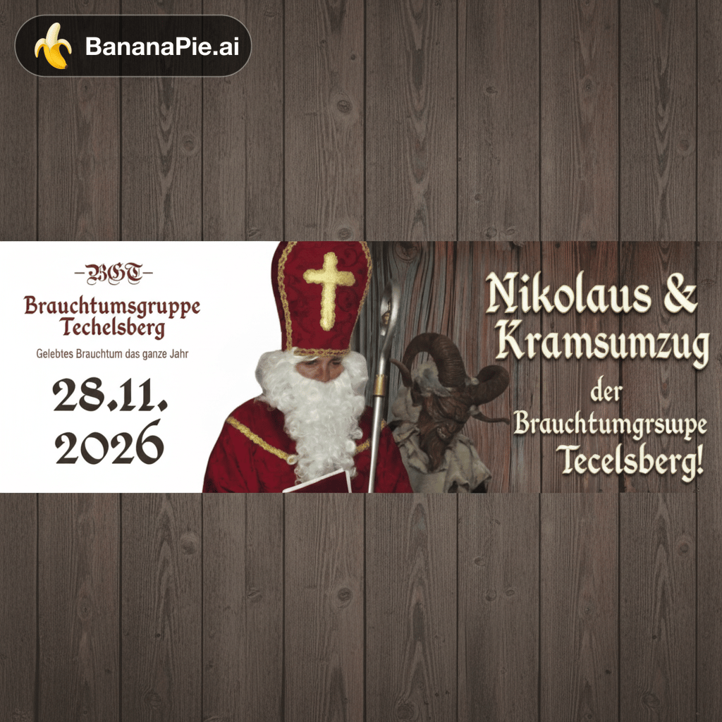entferne rechts die  Glocken und was da noch so ist übernimm die Grafik vom Banner , Ändere den Text auf : Nikolaus & Krampusumzug der Brauchtumsgruppe Techelsberg! Behalte das Format von4:1 Panoramaformat (1200 x 300 Pixel). den Text Nikolaus und Krampusumzug nur einmal. du hast ihn doppelt geschrieben