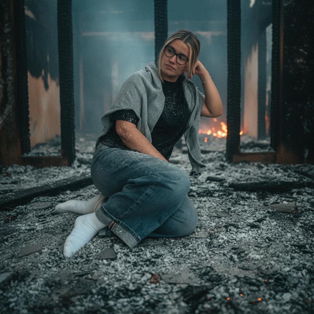 Keep the woman exactly as she is: same face, glasses, hair, body, pose, jeans, black t-shirt and grey sweater. Do not alter her features. Replace the entire background and sofa with the interior of a burned-down house: charred collapsed walls, blackened beams, ash-covered floor, broken glass, smoldering embers, drifting smoke, a faint orange glow from distant fire. Cinematic lighting, moody teal-and-orange grade, shallow depth of field, film grain, 16:9, photorealistic. Add light soot and ash dust on her clothes, a few smudges on her cheek and hands, and match the lighting on her to the fire glow.