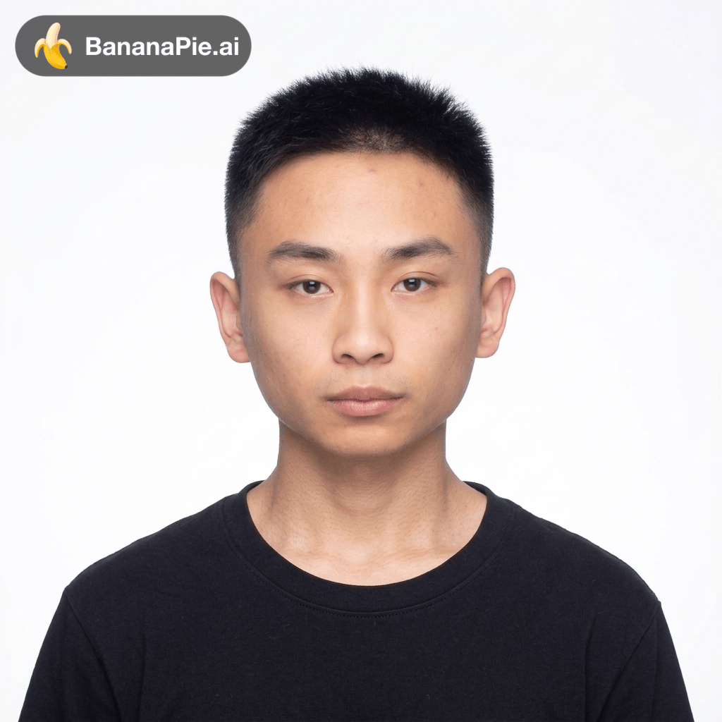 A close-up ID photo of the subject with a pure white background, glasses digitally removed, clothing changed to solid black, subtle and natural skin smoothing applied to enhance skin texture without losing realism, maintaining accurate facial features for clear recognition, clean and professional style.