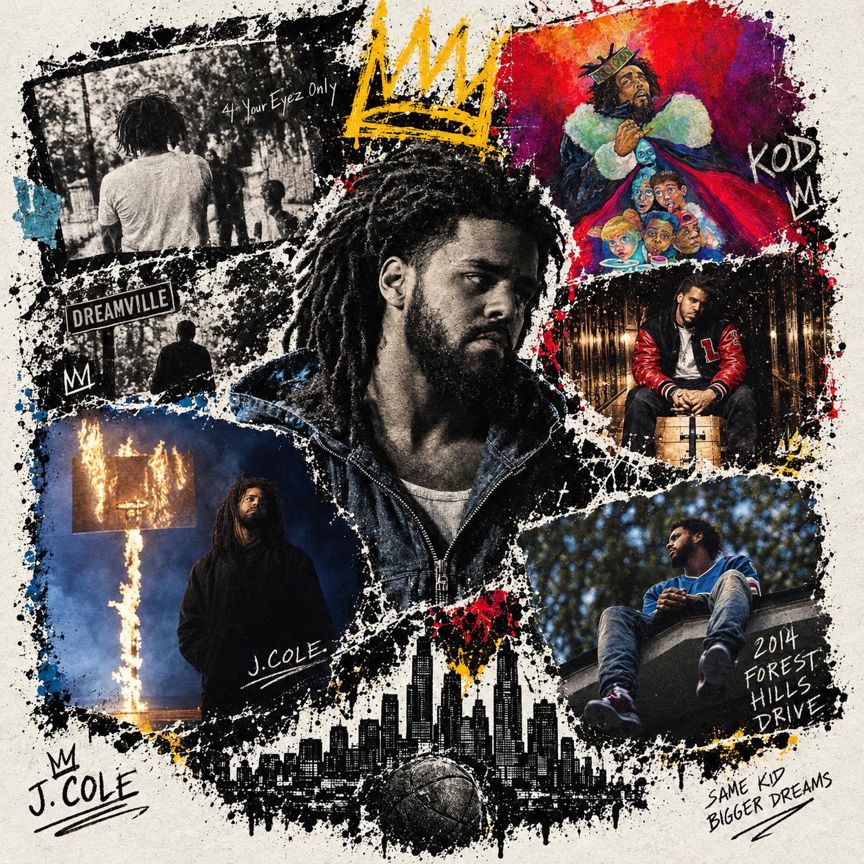 Look at the collage image, the 2 other album covers i sent you are interpreted on that collage, make them look more true to the orignals, pay attention to making it look true to J coles face in the off season cover