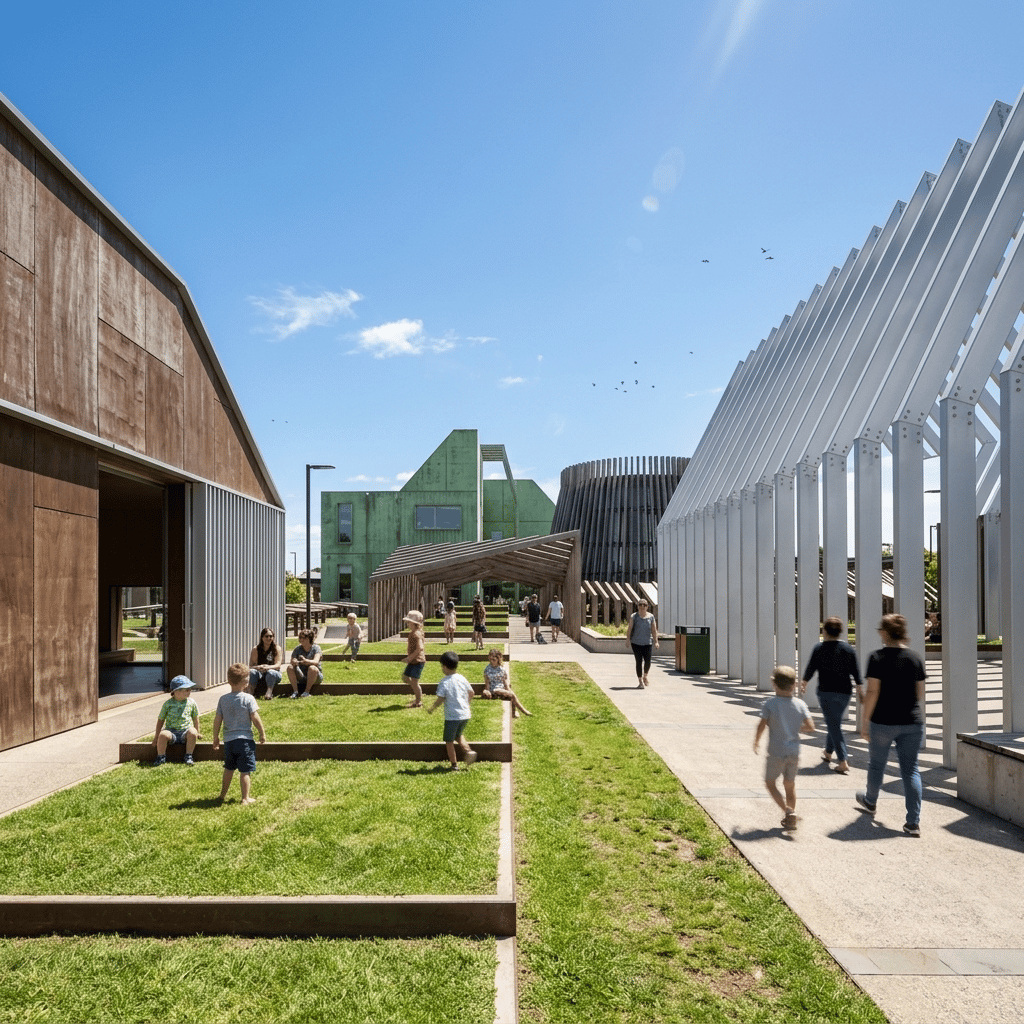 Keep the camera angle, original composition, and terrain exactly unchanged. Render the model as a realistic photographic image with authentic material textures and enhanced photorealism. The scene is set around midday on a clear, sunny day, with a few white clouds and birds in the vivid blue sky. The green ground surfaces represent lawns. The white structure is a silver-white metallic pergola with realistic material textures and a refined finish. The lawn is designed as an open recreational space for various outdoor activities. The green building in the distance is made of green concrete, with a realistic concrete texture and finish. Add several people walking naturally throughout the scene, none of whom are looking at the camera. Apply realistic motion blur to the moving figures. Include children playing on the lawn to create a lively, natural, and welcoming atmosphere. Preserve all existing architectural forms, spatial arrangements, and landscape features.